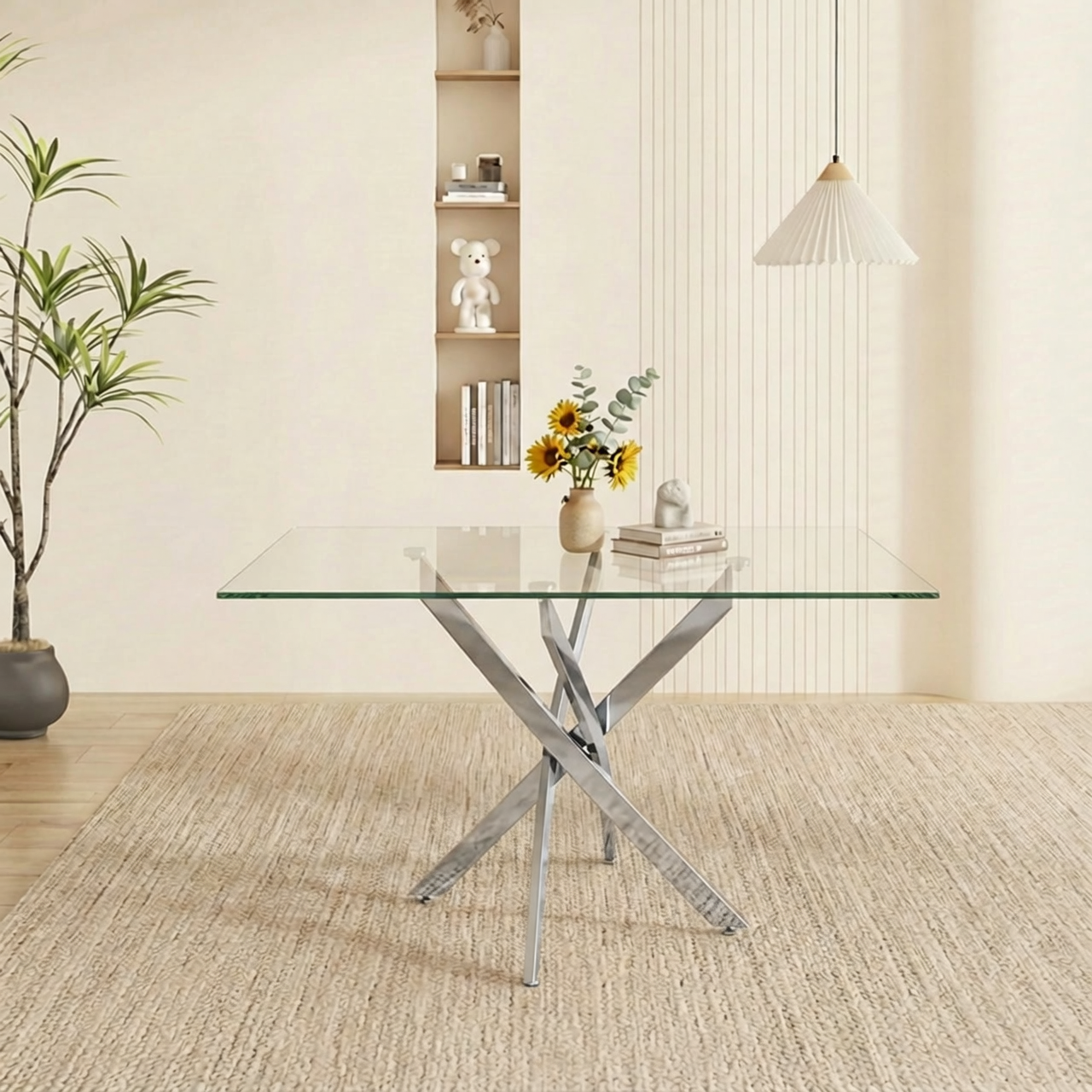 Styled room scene with the silver-leg glass table, sunflowers and a pendant lamp