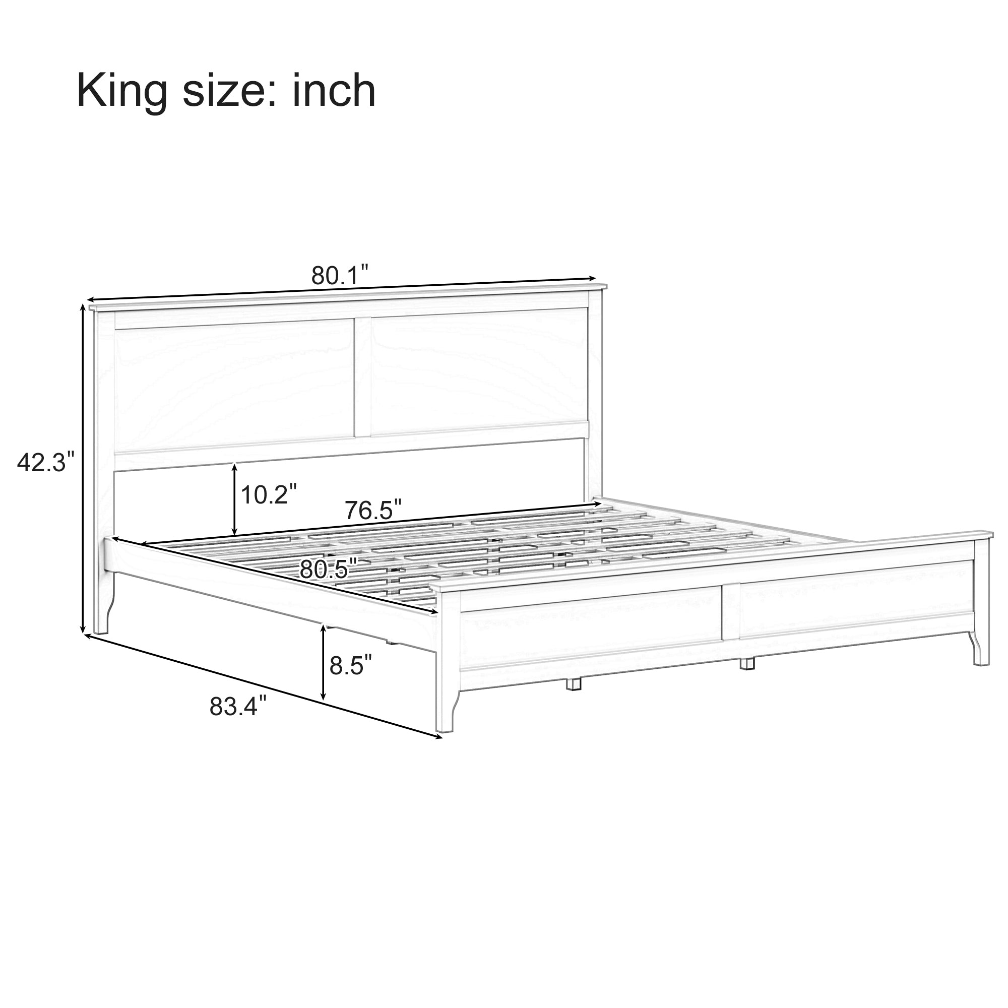 King size dimension diagram: 80.1"W x 83.4"L, 42.3"H headboard
