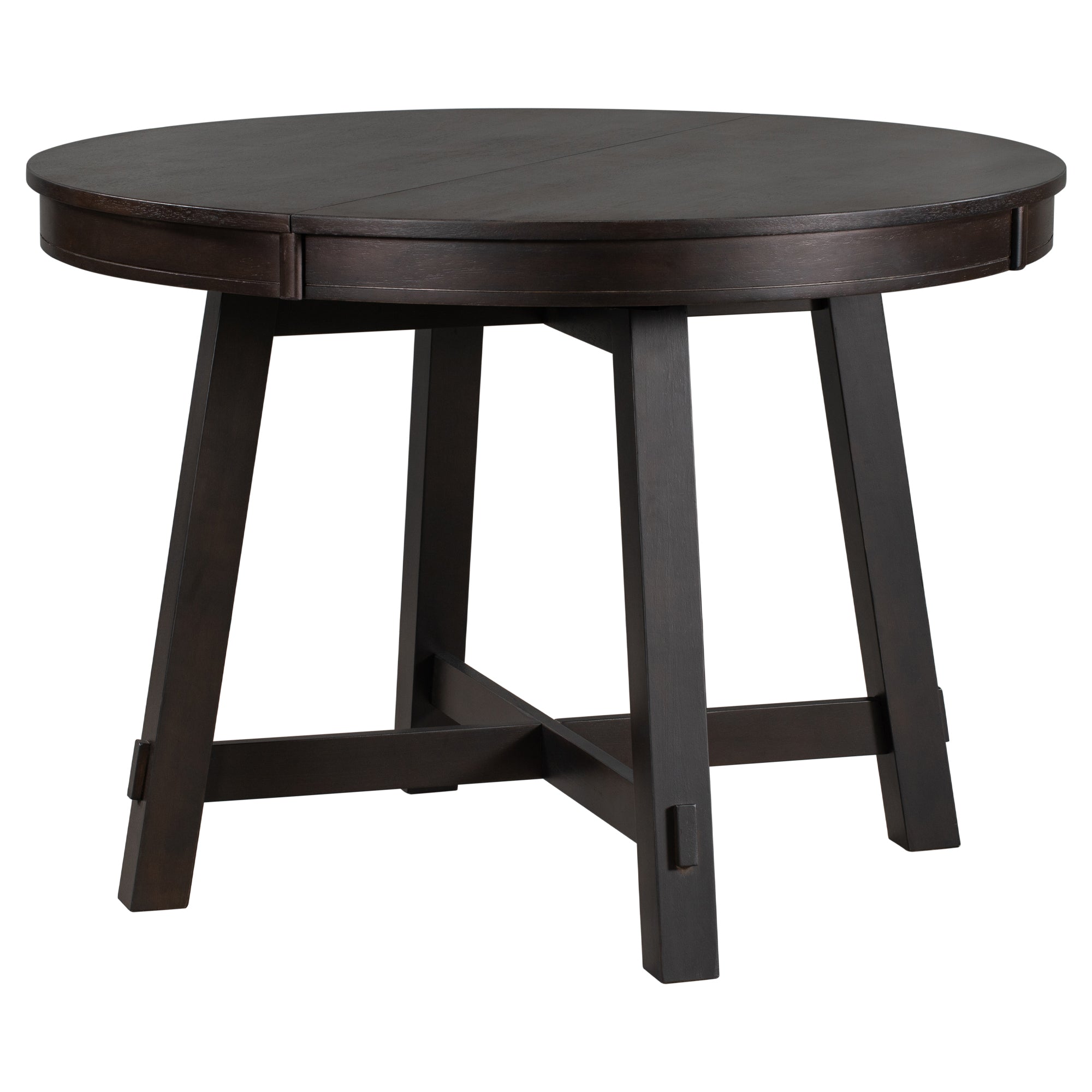 Espresso round extendable dining table, three-quarter view on plain white studio background