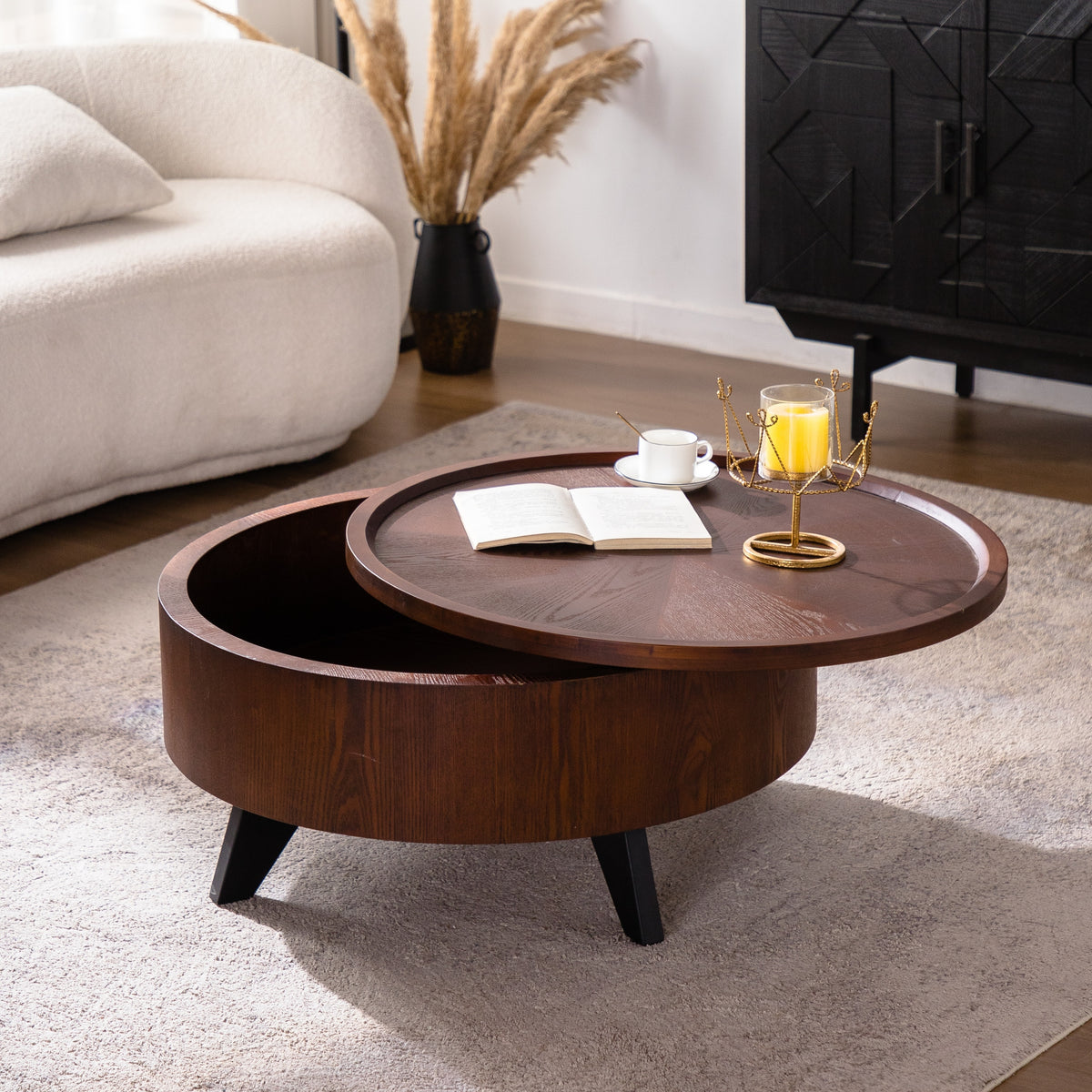 Walnut Round Coffee Table with Storage, 30.7 in