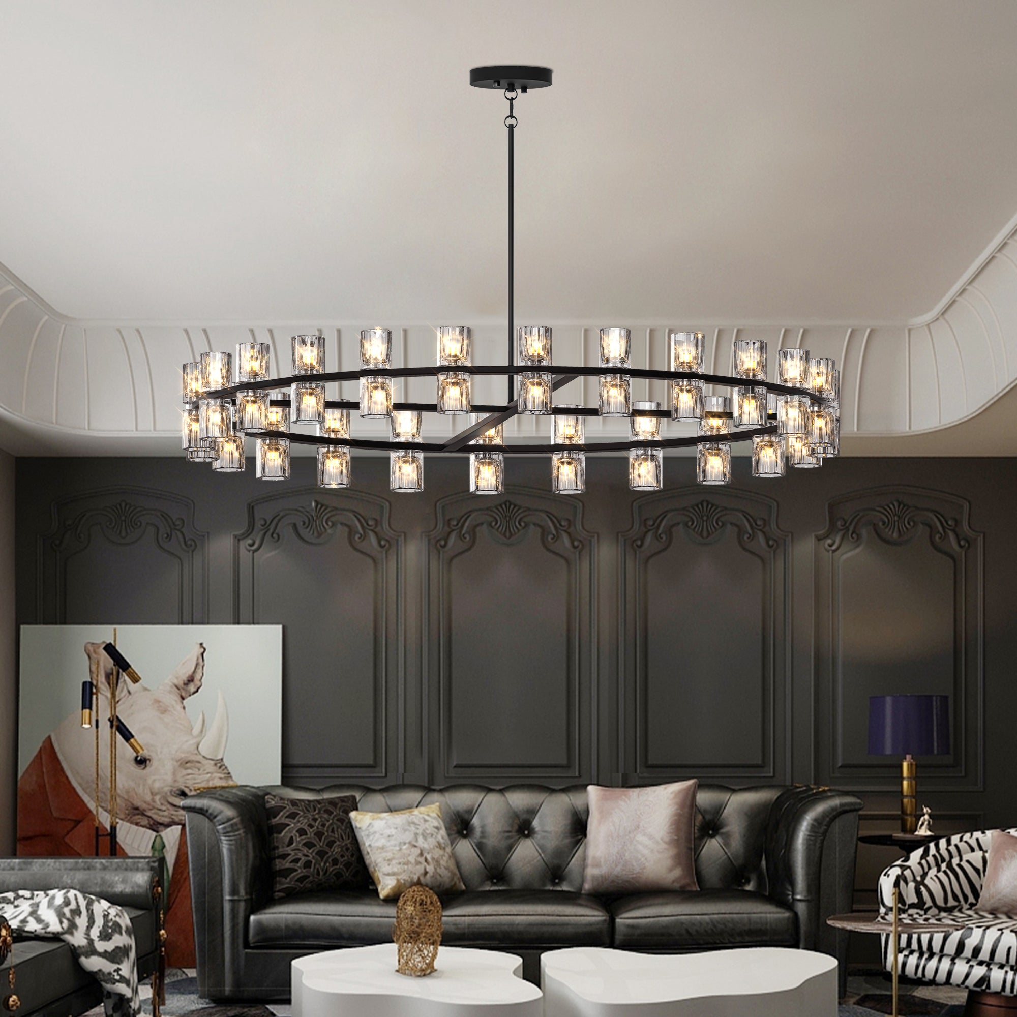 48-Light K9 Crystal Chandelier, Black Iron Frame