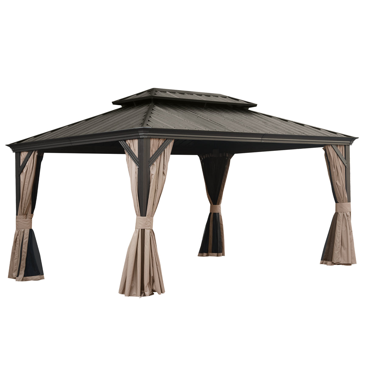 12x16 ft Brown Hardtop Gazebo with Netting and Curtains