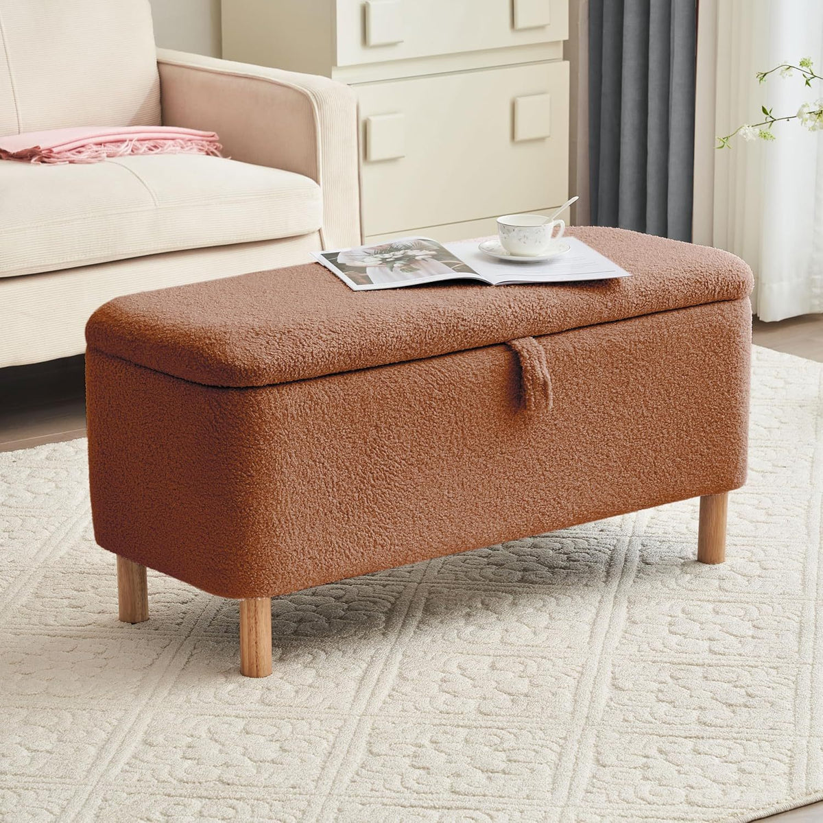 Orange Boucle Storage Ottoman Bench, 39.3 in