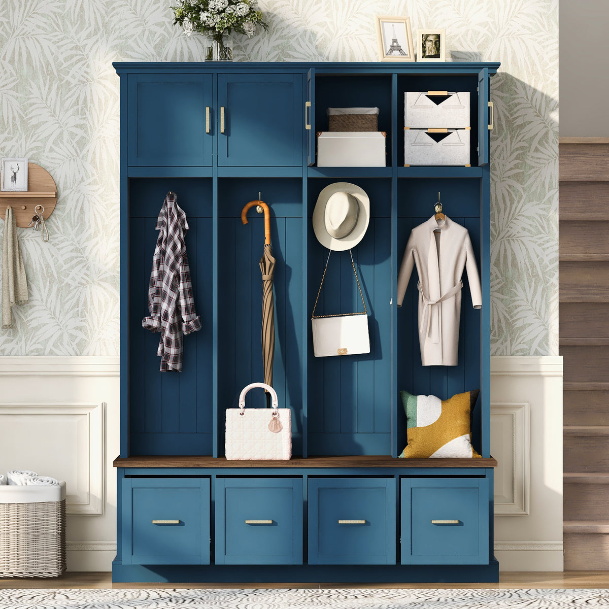 Navy Blue Hall Tree, 59 in Wide, 15.7 in Deep