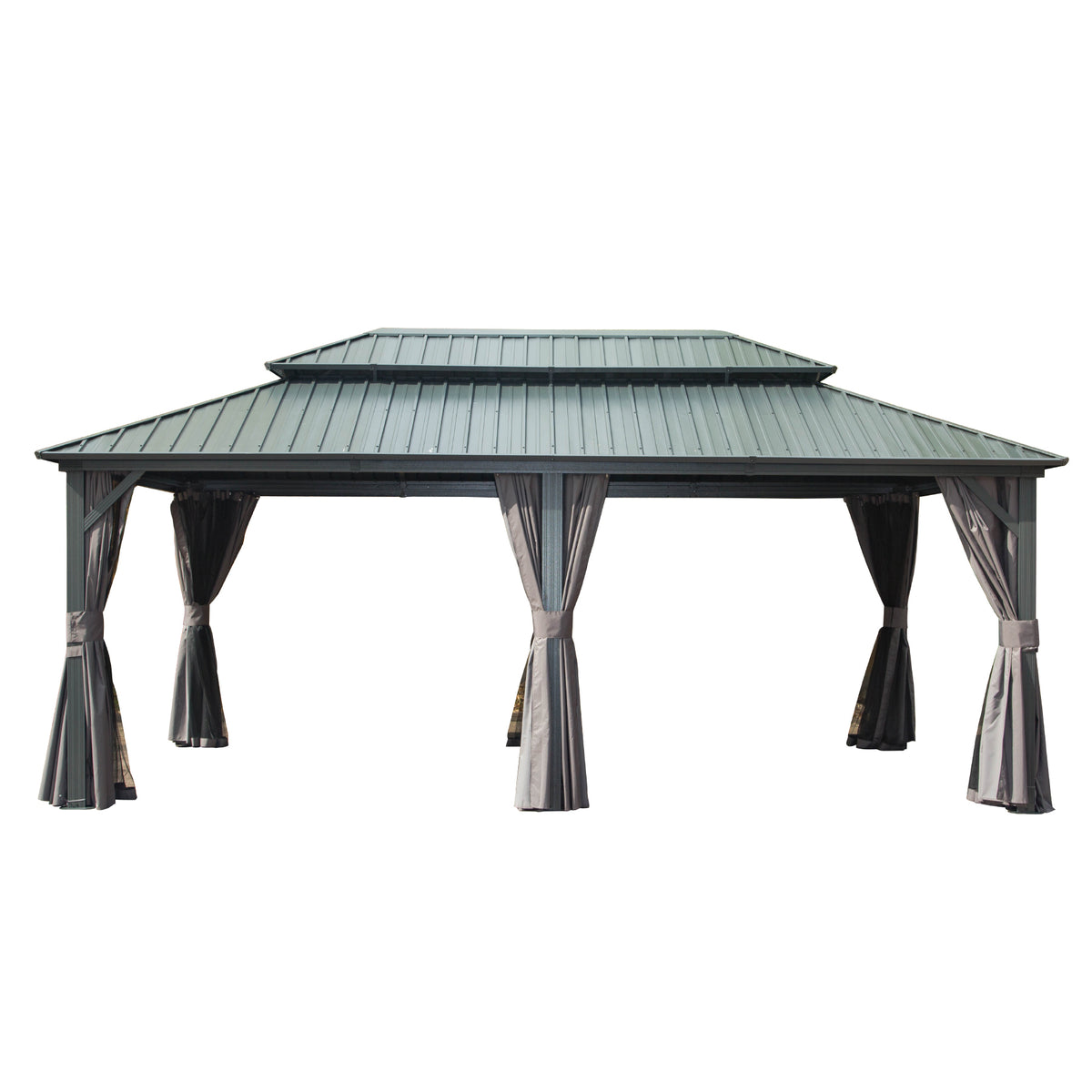 12x20 ft Gray Aluminum Double Roof Hardtop Gazebo with Netting and Curtains