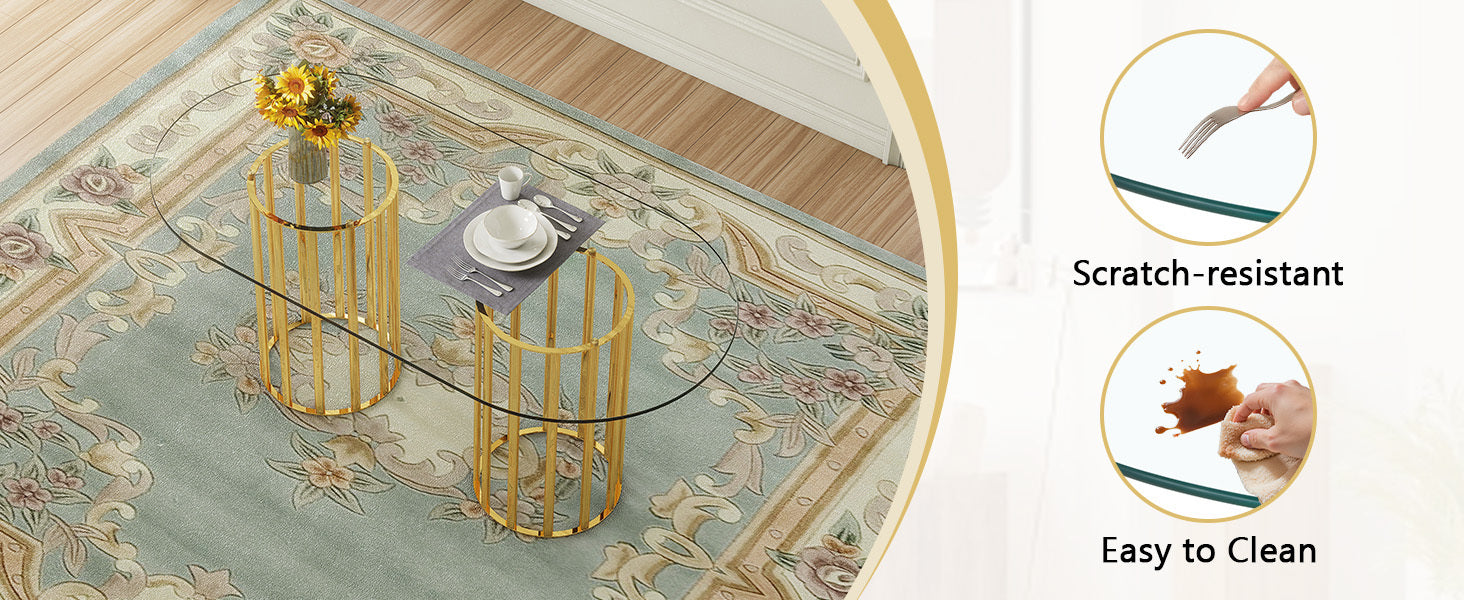 Overhead view of oval glass dining table with gold base, plus scratch-resistant and easy-to-clean callouts