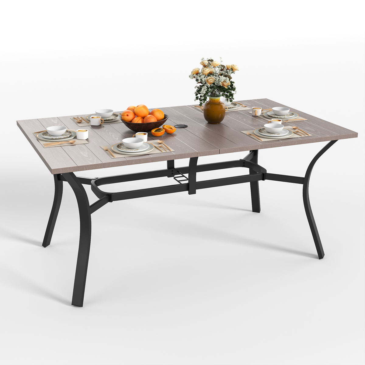 Natural Metal Rectangular Outdoor Dining Table with Umbrella Hole