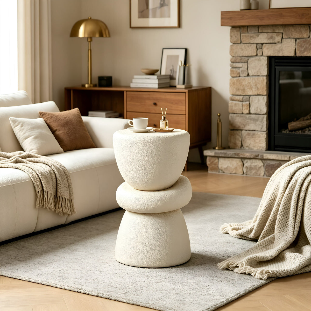 Beige Side Table with Storage, 16.1 in