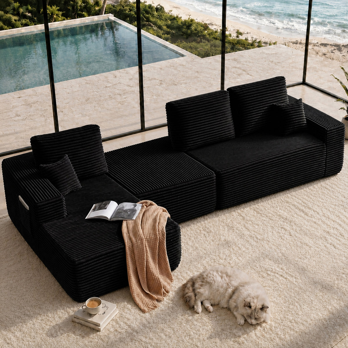 Black L-Shaped Modular Sectional with Ottoman, Left-Facing Chaise