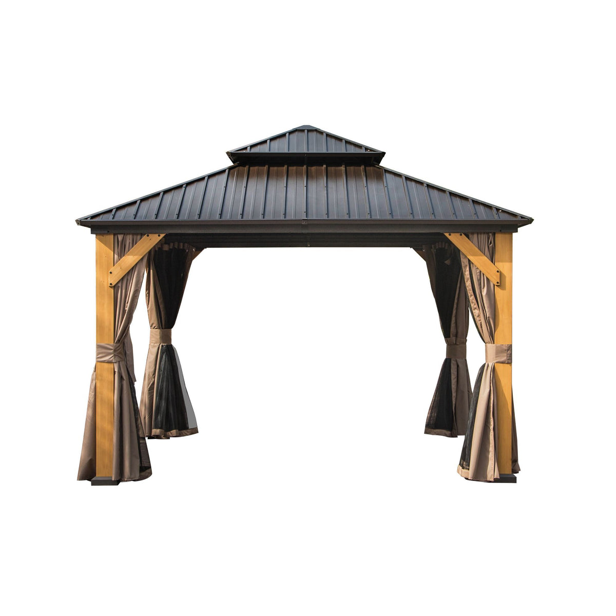 12x12 ft Brown Wood Double Roof Hardtop Gazebo with Netting and Curtains