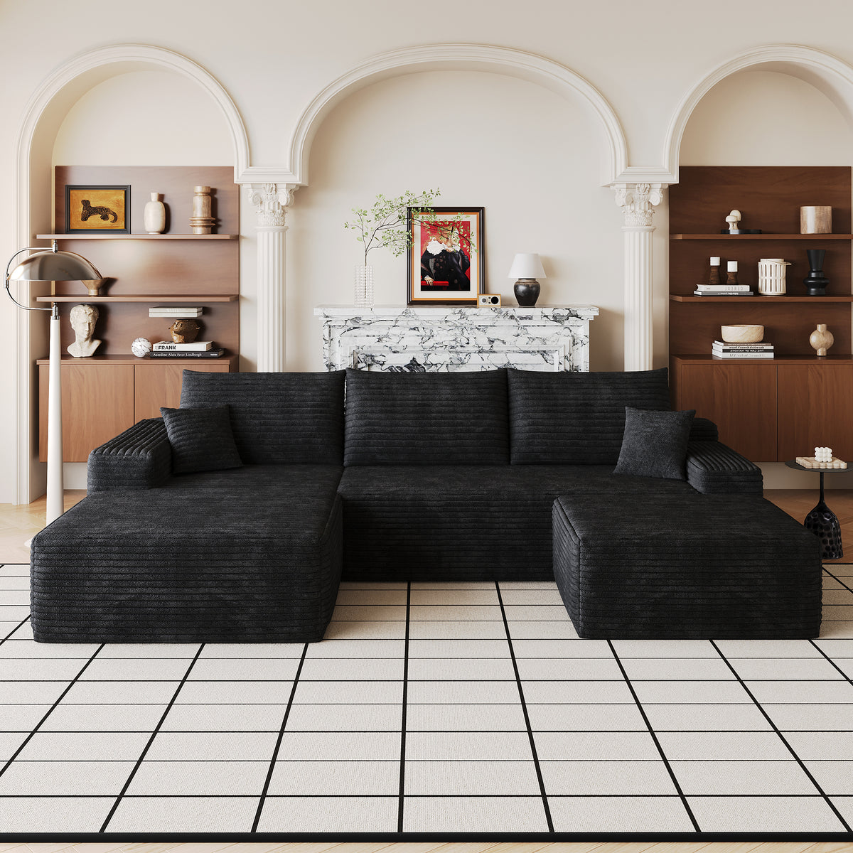 Black Corduroy U-Shaped Sectional with Ottoman, Left-Facing