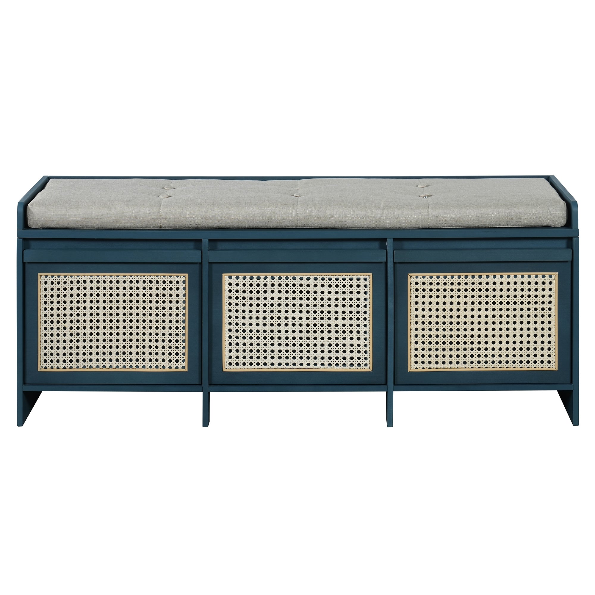 Retro Shoe Storage Bench, Antique Navy, 3 Rattan Drawers, 48 in
