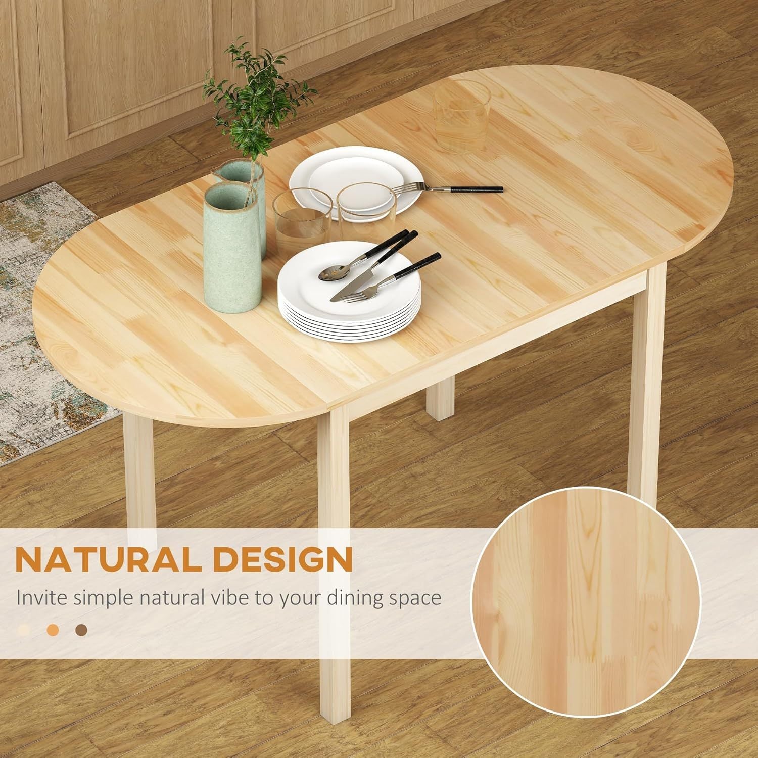 Angled overhead view of the oval pine drop-leaf table styled with plates and vases