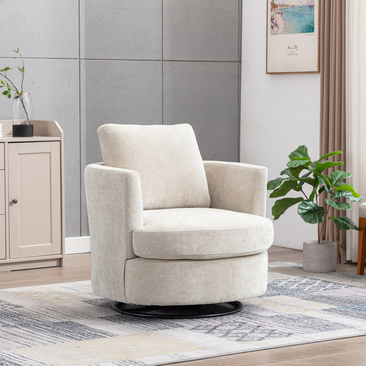 Beige Chenille Swivel Barrel Chair, Nursery