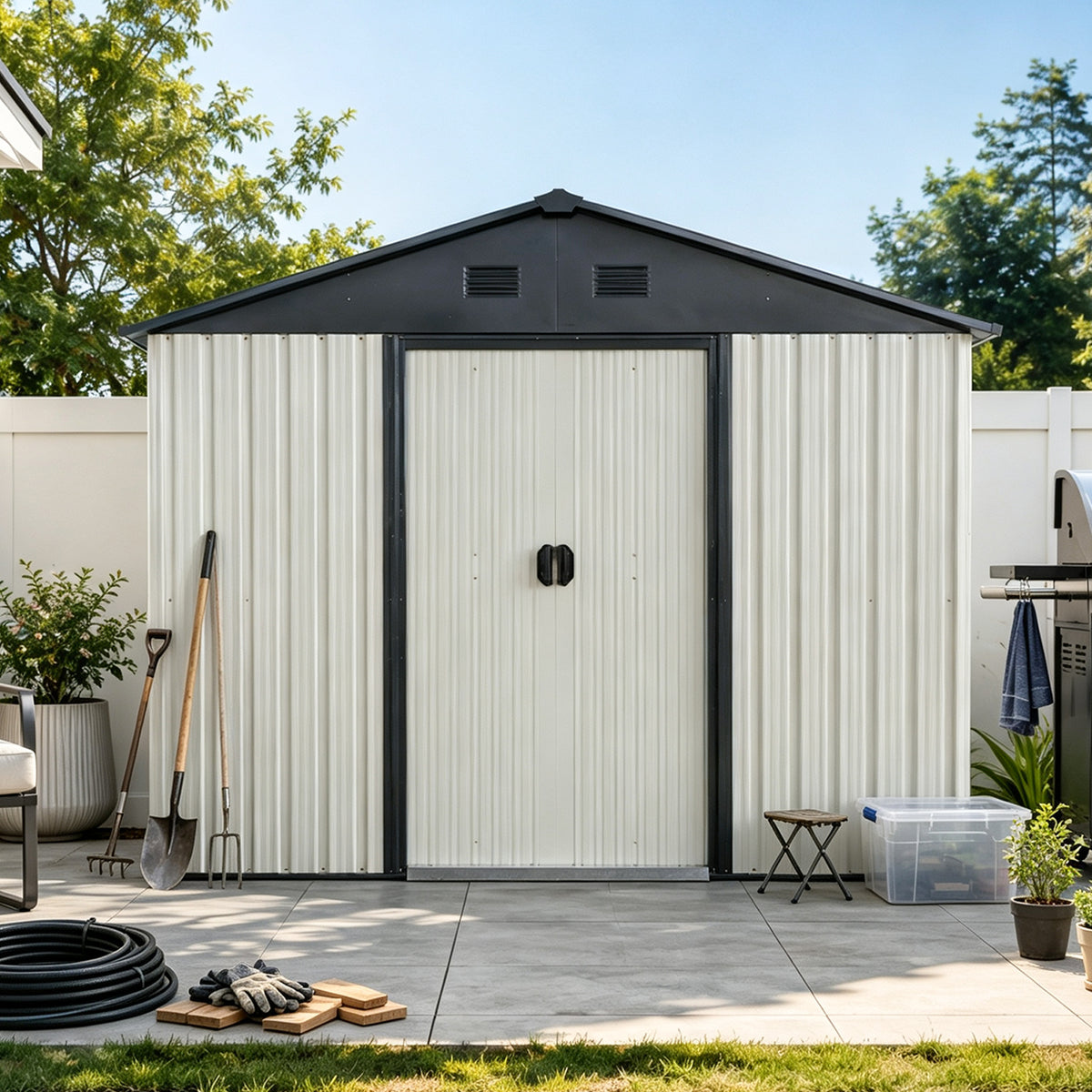 4x8 ft Metal Storage Shed, with Sliding Doors, White and Black
