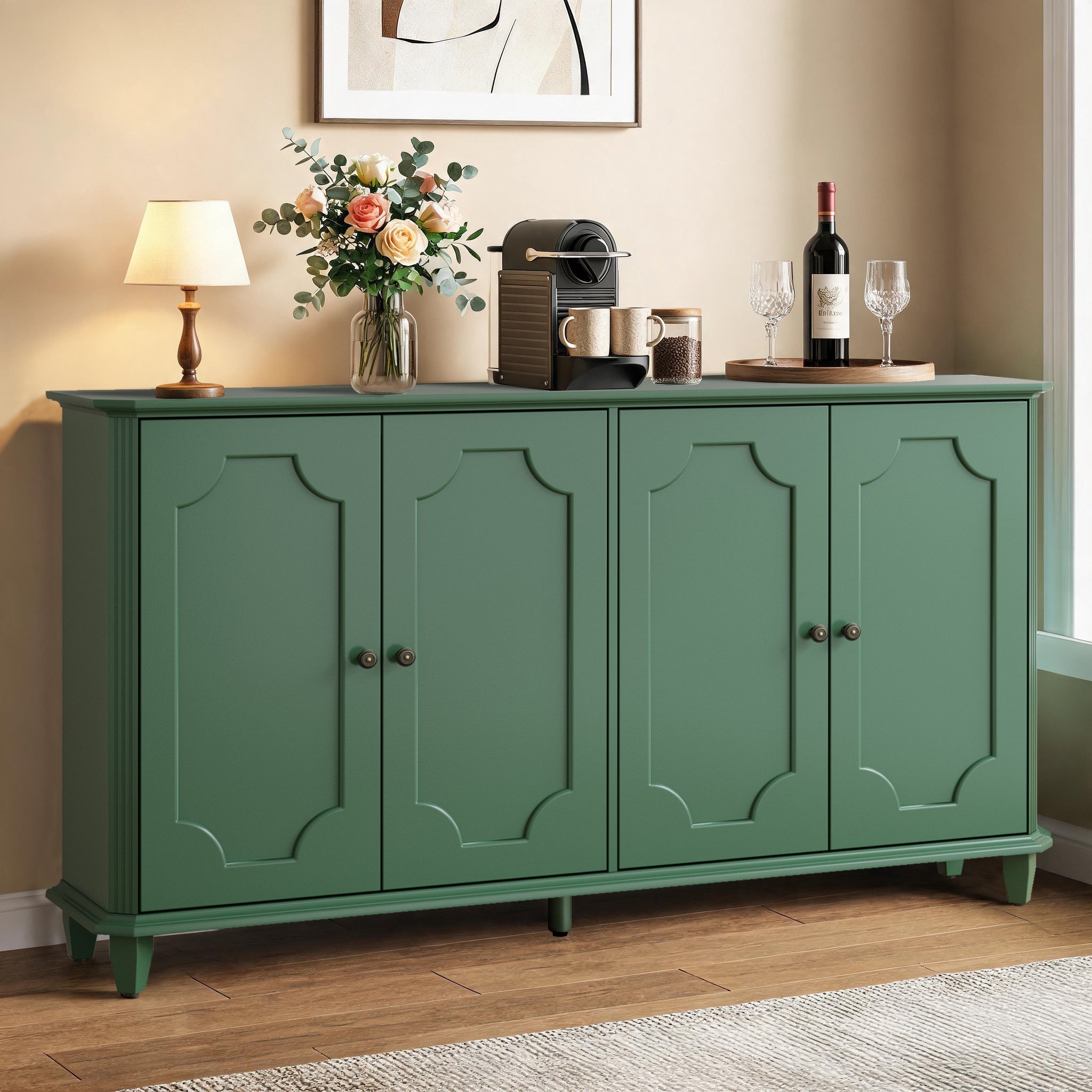 Green Farmhouse Sideboard, 63 in, 4 Curved Doors