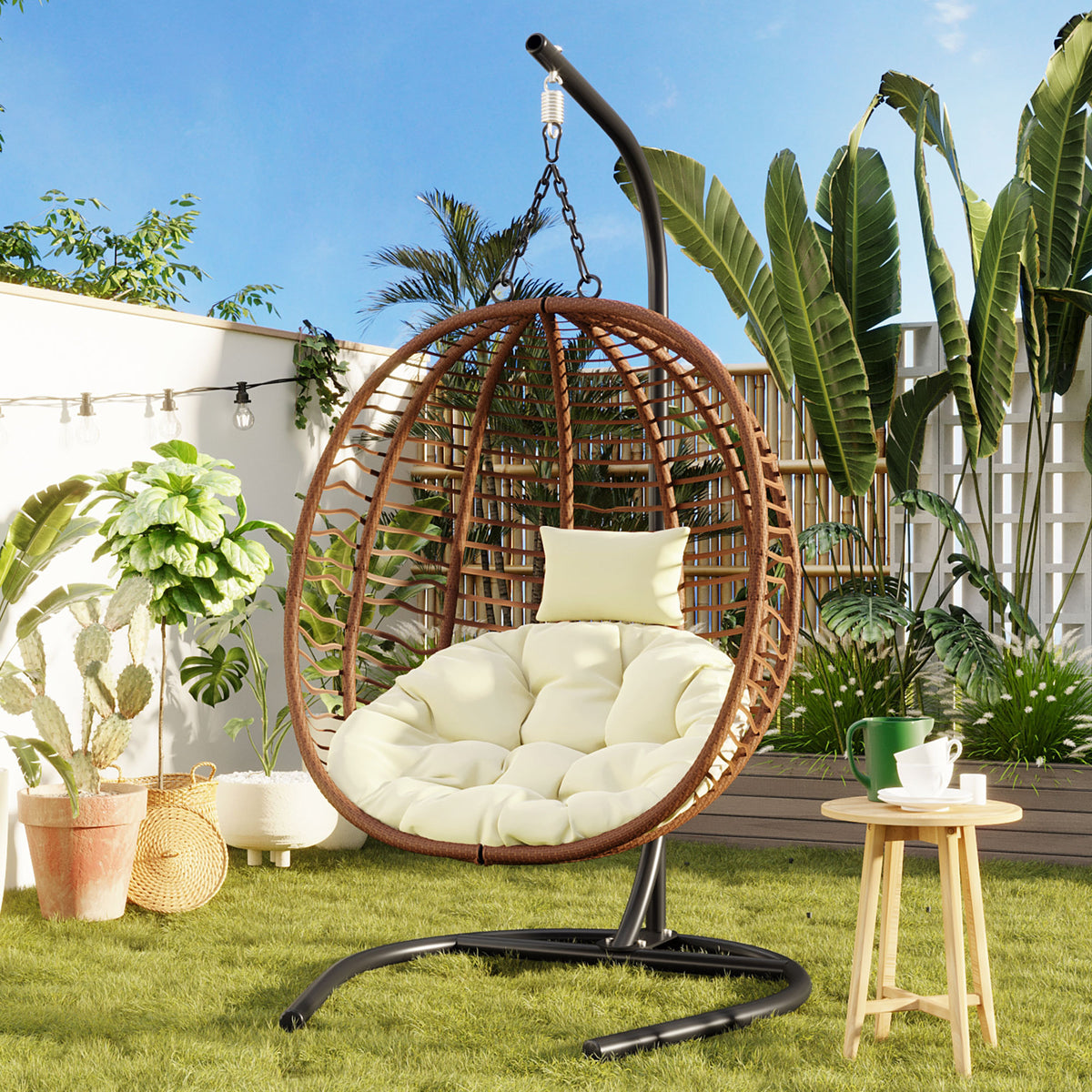 Wicker Folding Hanging Egg Chair with Stand