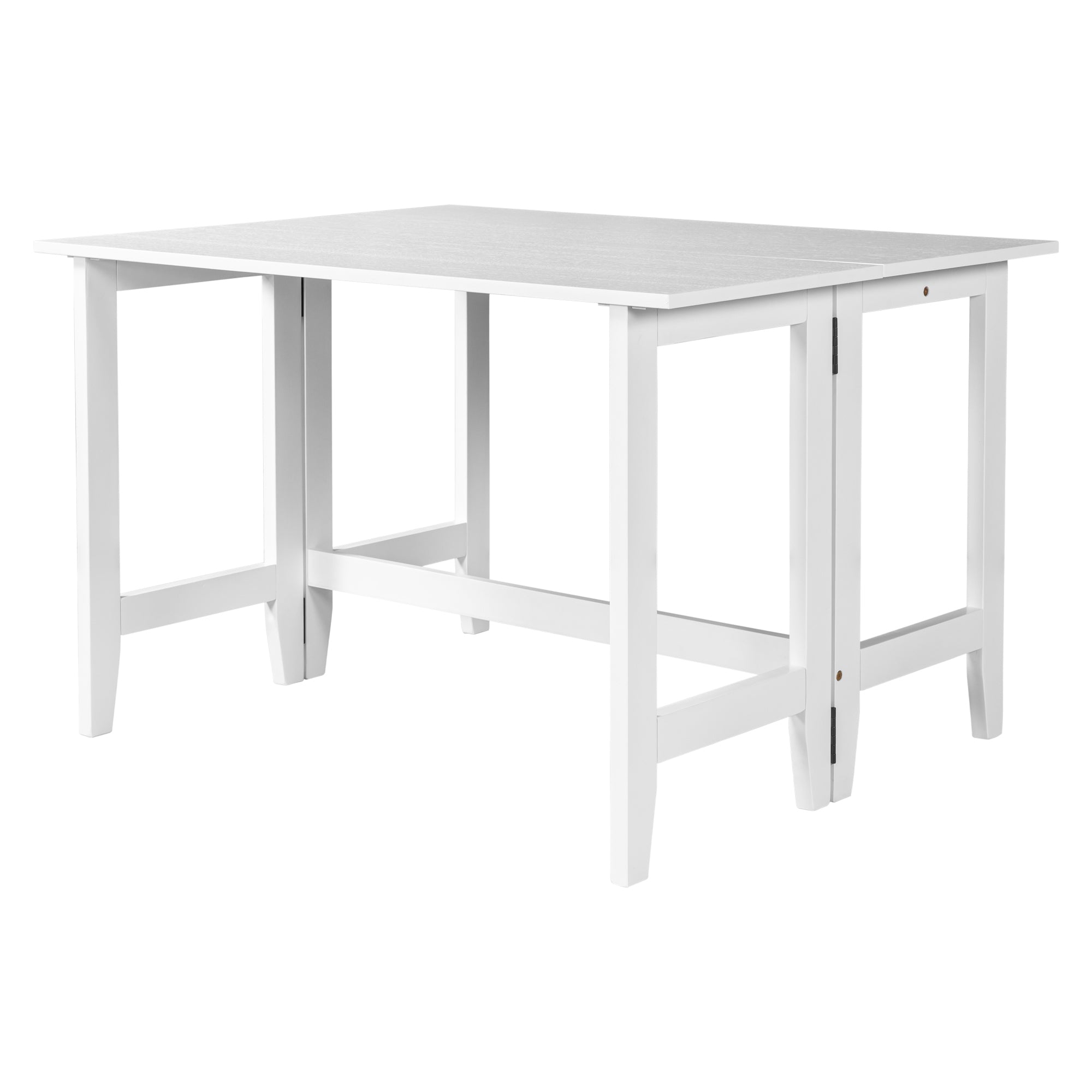 White farmhouse drop-leaf dining table with top fully extended, three-quarter studio view