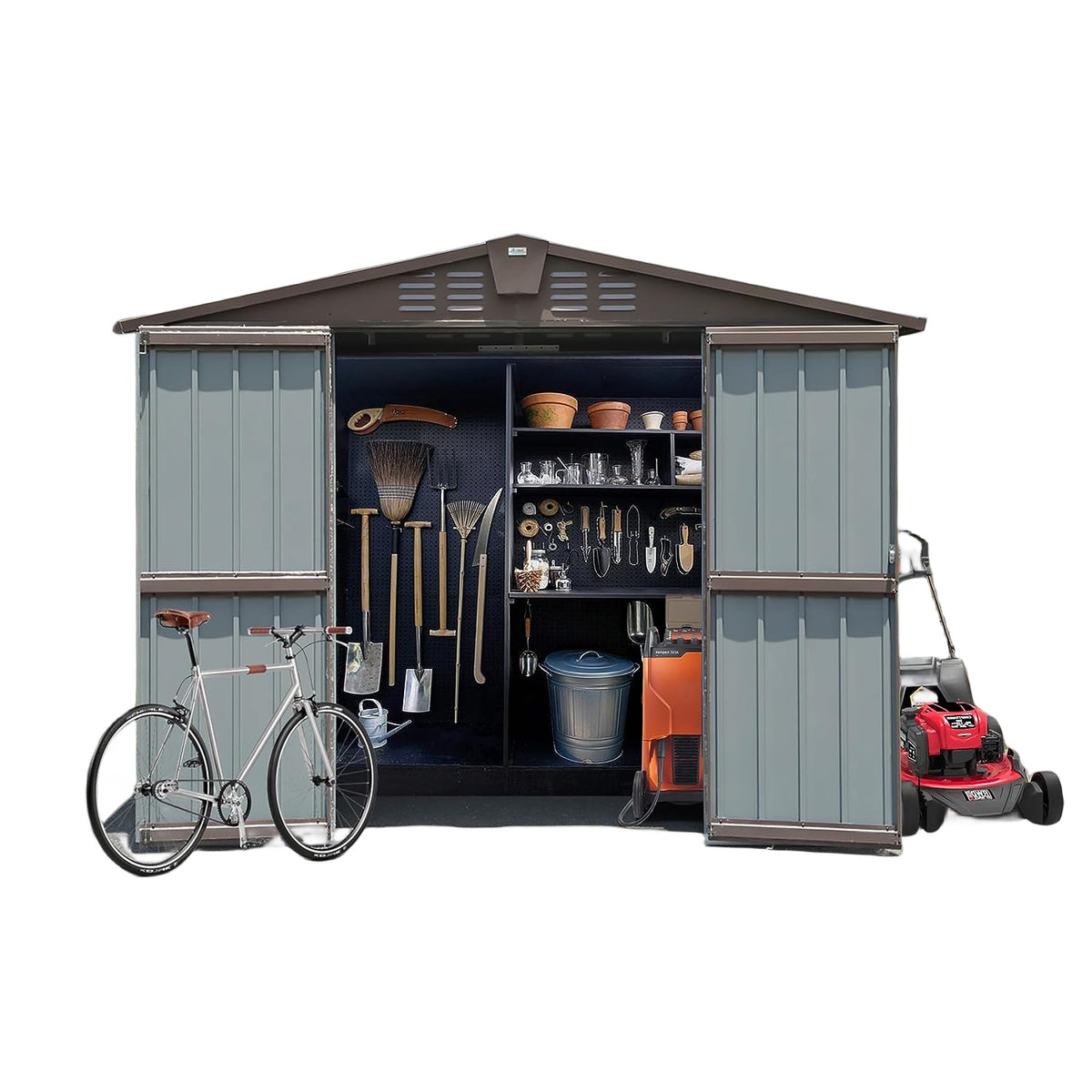 6.2x8.2 ft Brown Metal Storage Shed with Lockable Doors
