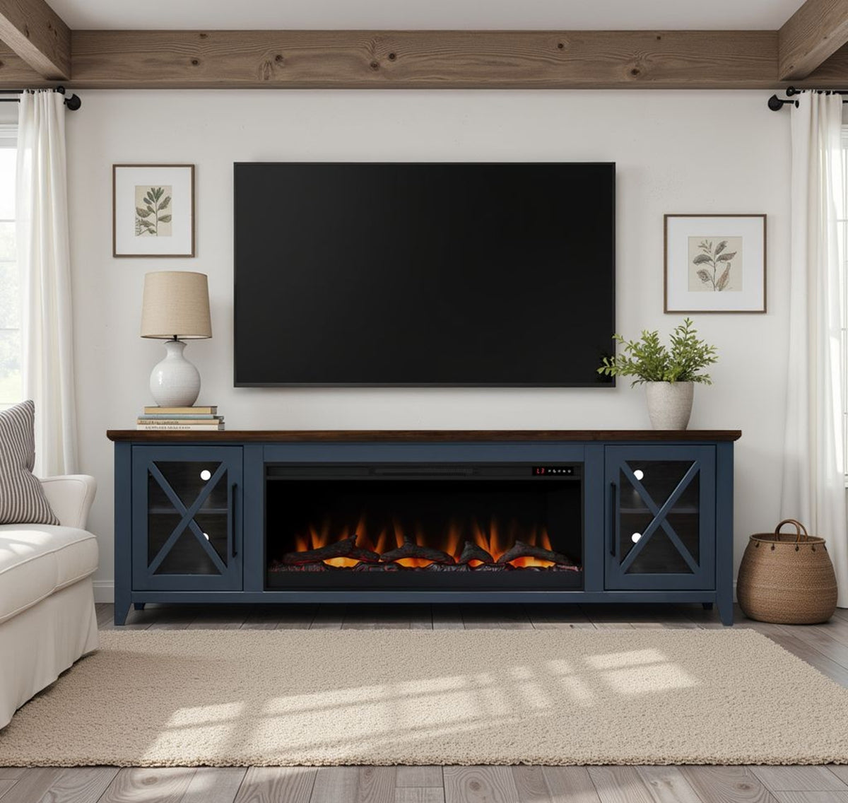 Blue Fireplace TV Stand for TVs up to 100 in, 83 in Wide