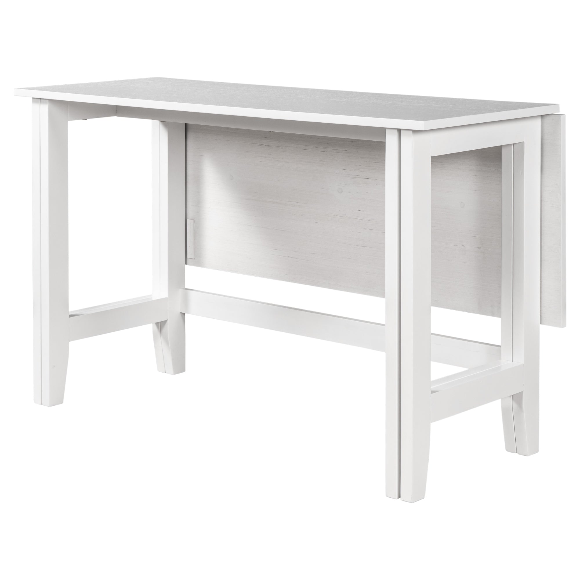 White drop-leaf dining table with one leaf folded down, angled studio view