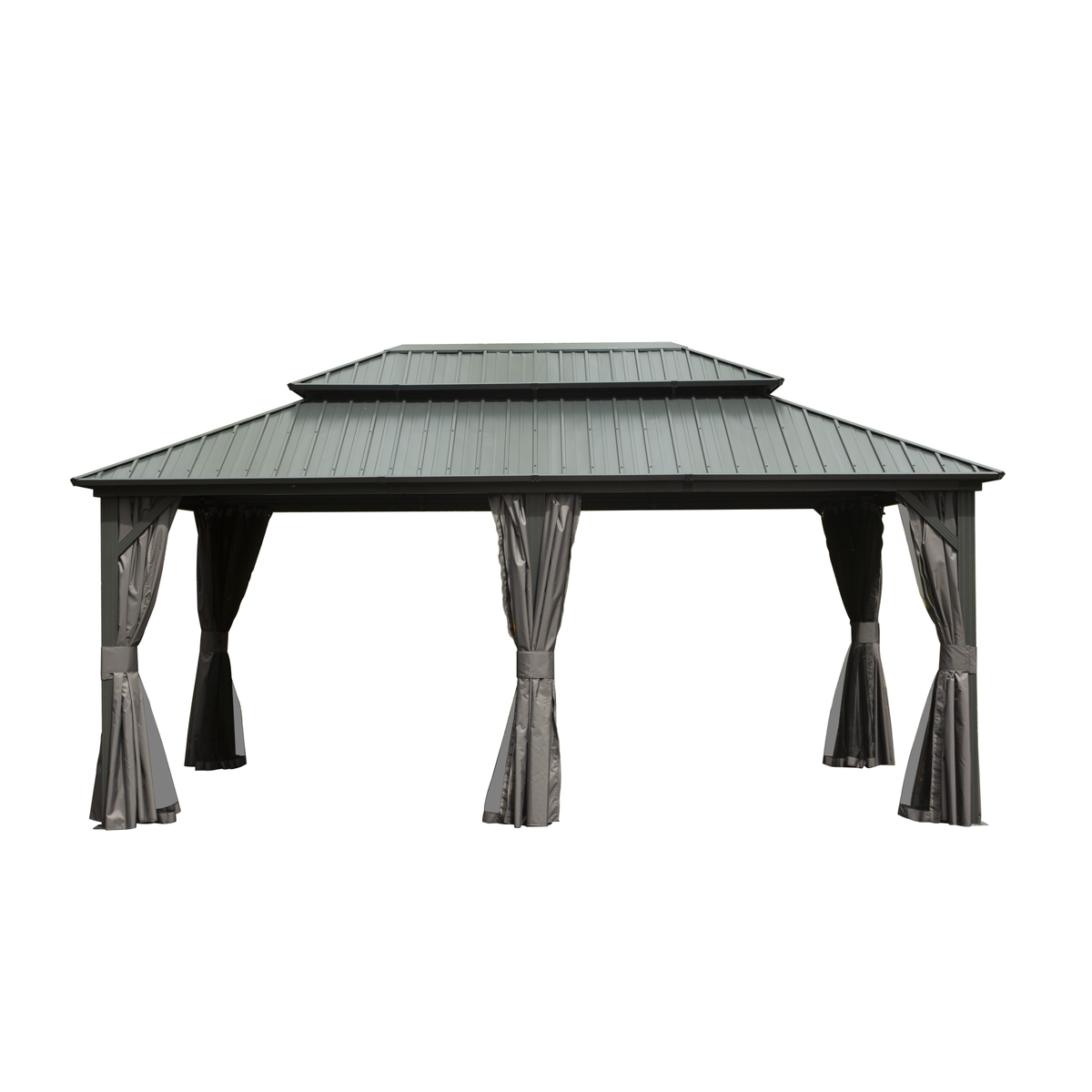 12x18 ft Gray Aluminum Double Roof Hardtop Gazebo with Netting and Curtains
