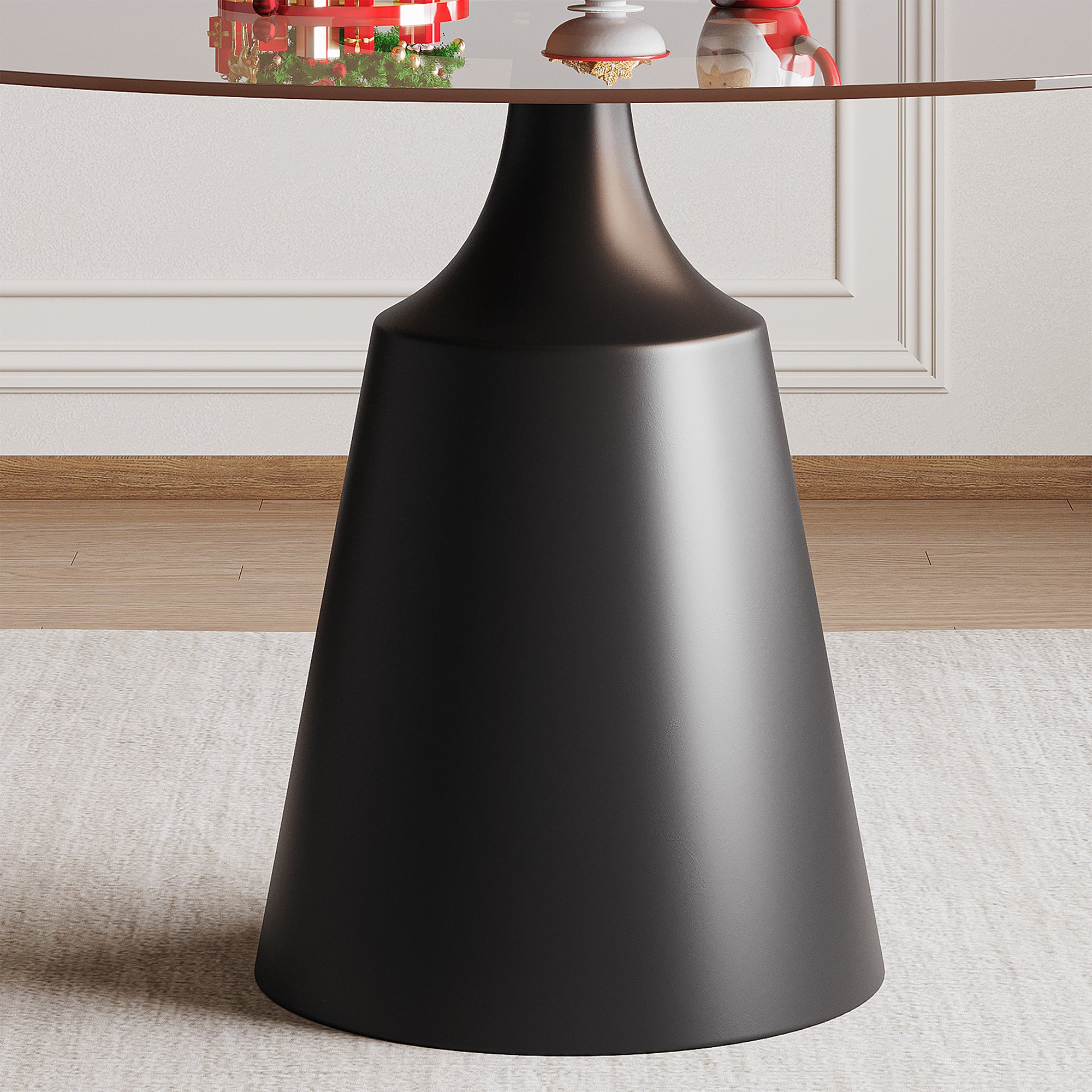 Close-up of the tapered black carbon steel cone base of the round glass dining table