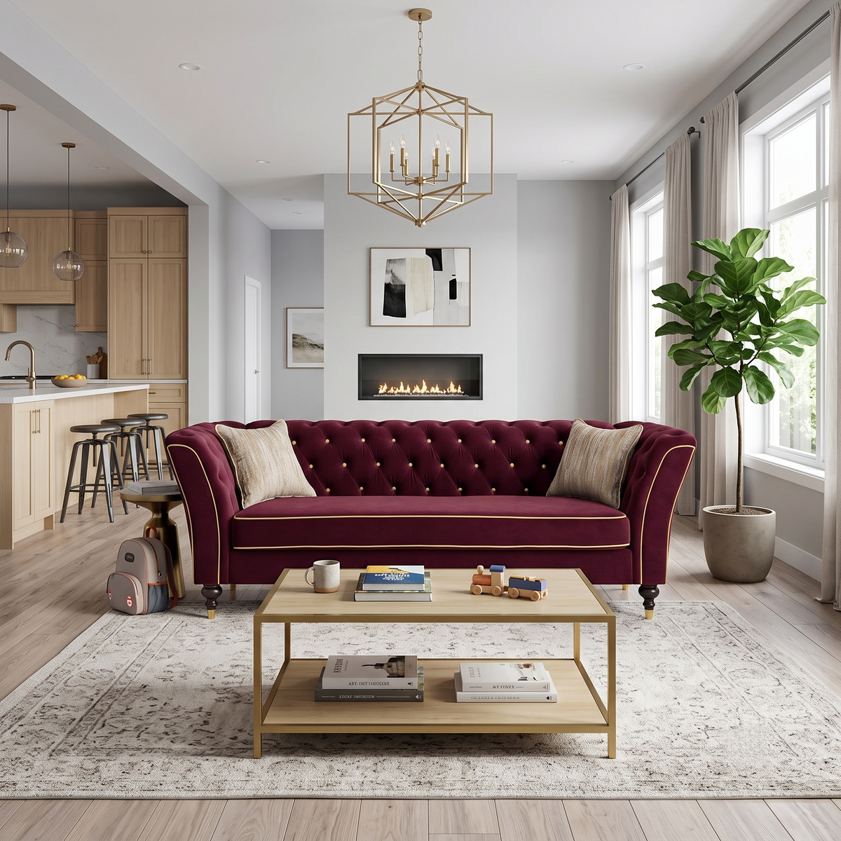 Wine Red 3-Seat Chesterfield Sofa, 89.5 in Wide