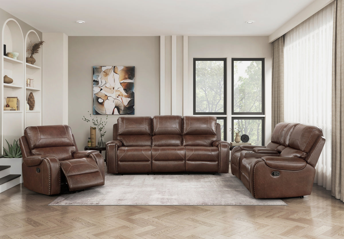 Brown Vegan Leather Reclining 3-Piece Living Room Set, USB Charging