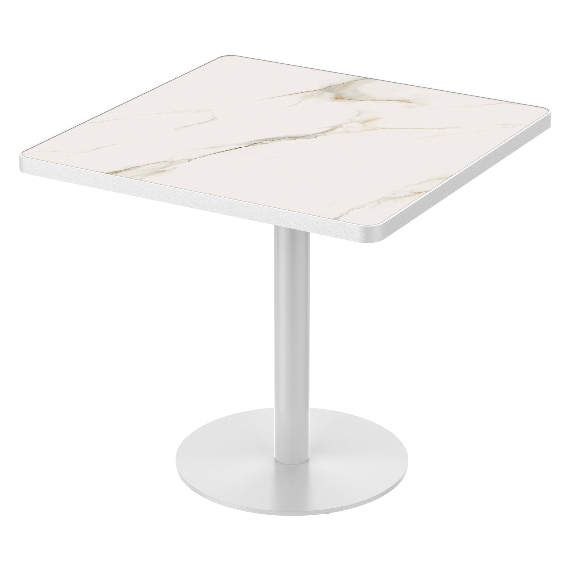 White marble-look sintered stone square dining table, three-quarter view, white base, studio