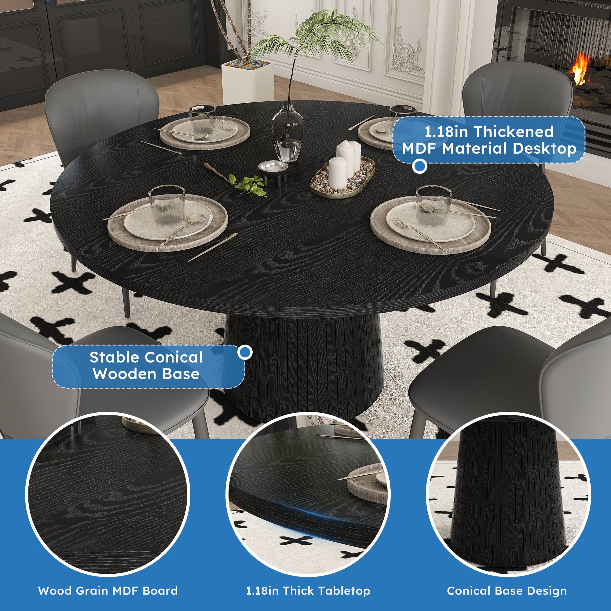 Feature graphic noting the 1.18 inch thickened MDF top and stable conical wooden base