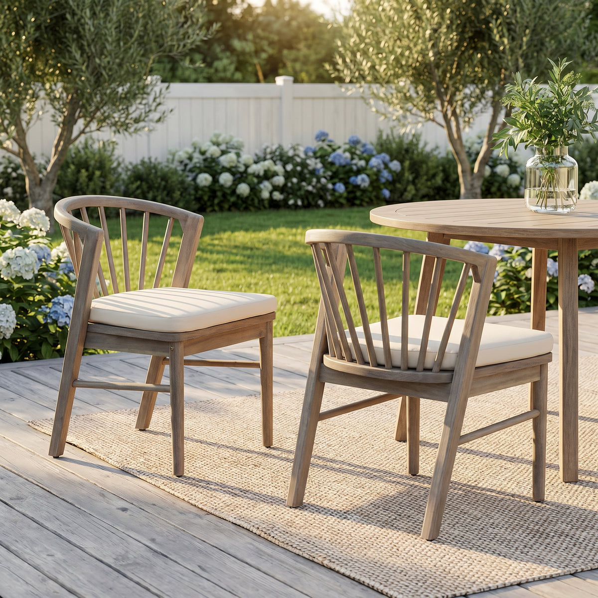 White Solid Wood Outdoor Dining Chair with Cushions, Set of 2