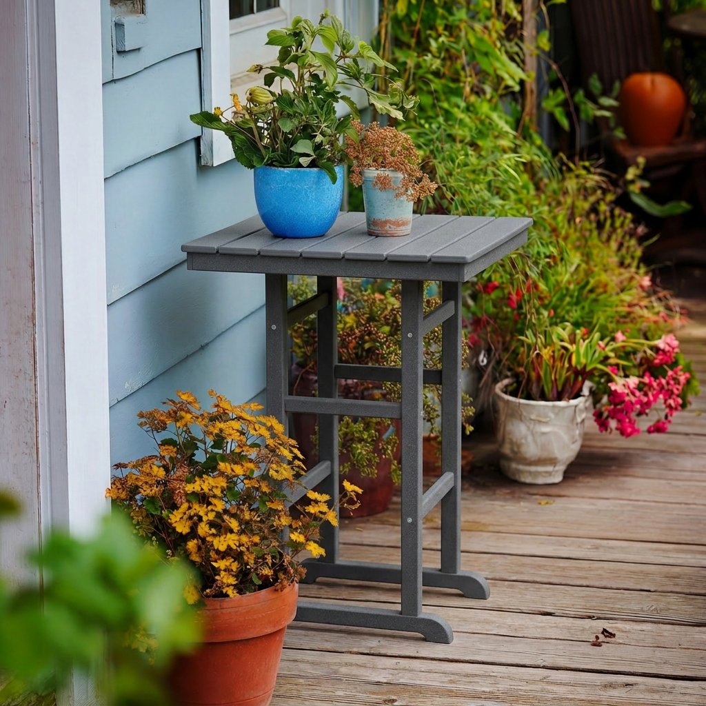 Gray HDPE Square Outdoor Bar Table with Umbrella Hole, 31.1 in Wide