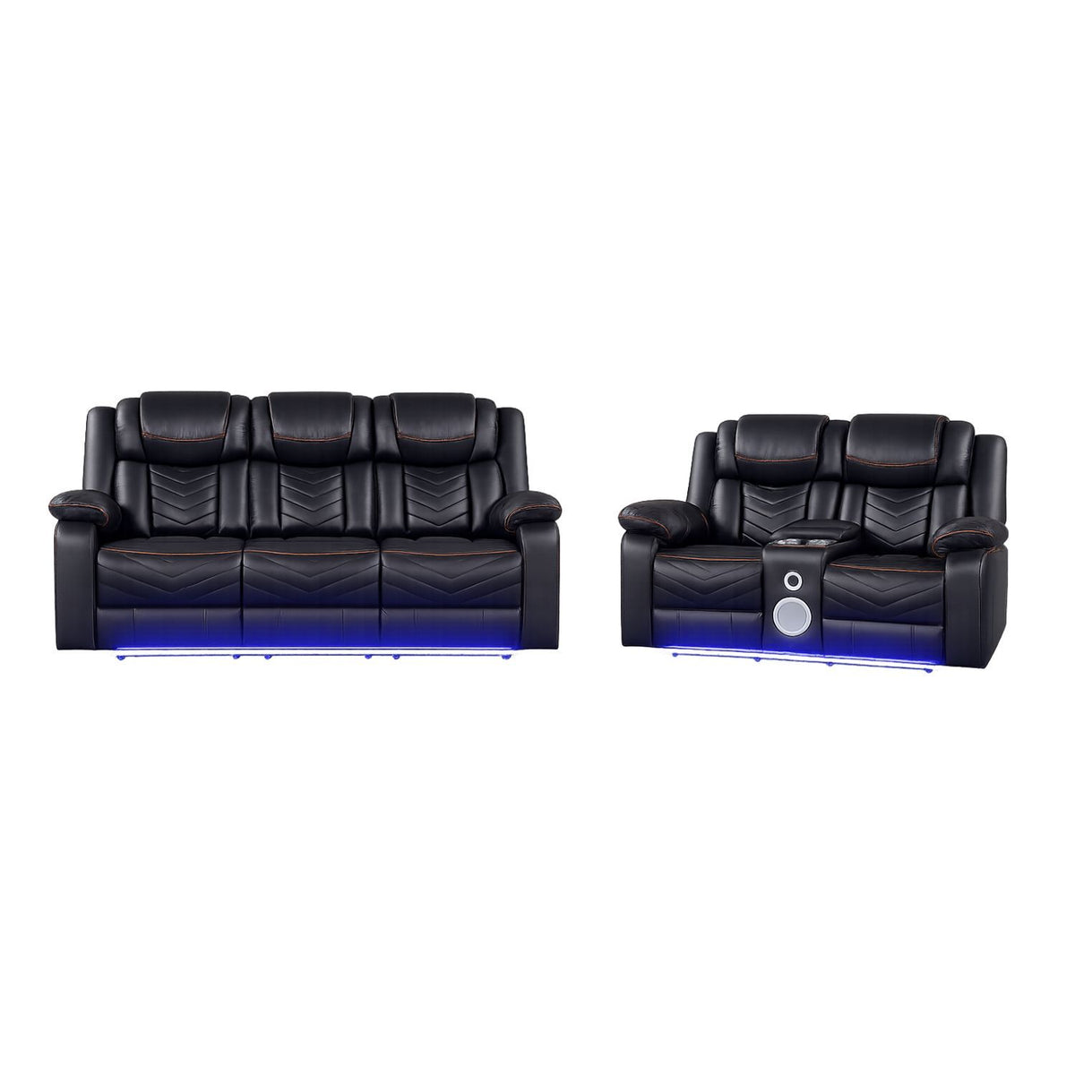 Black Vegan Leather Power Reclining Sofa and Loveseat Set with Console