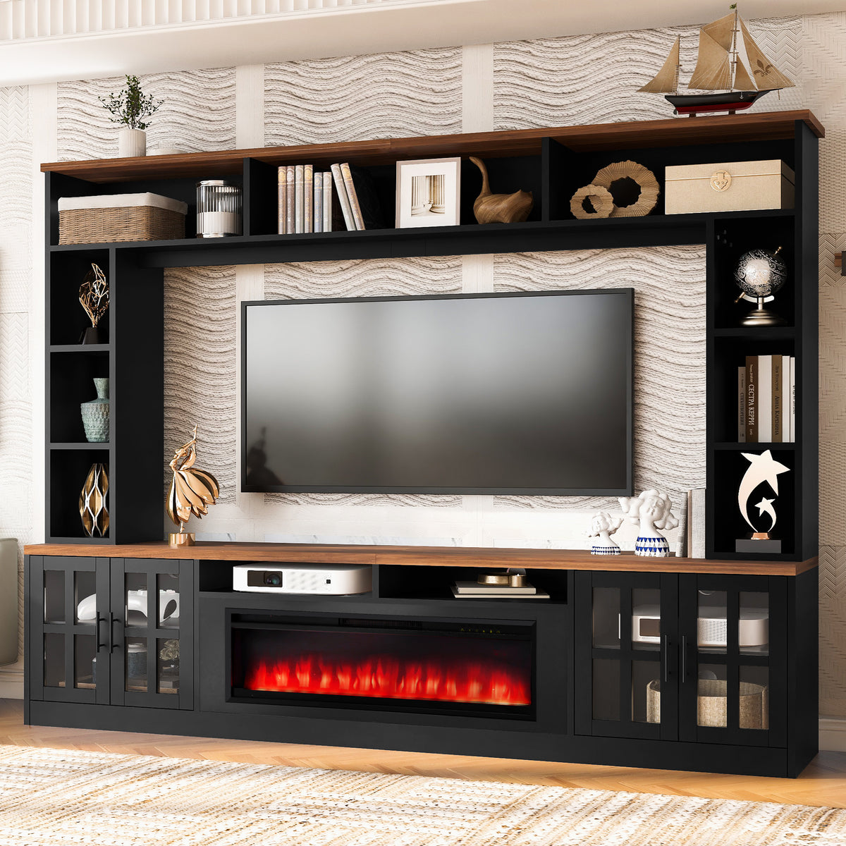 Black Fireplace TV Stand for TVs up to 80 in, 95.5 in Wide