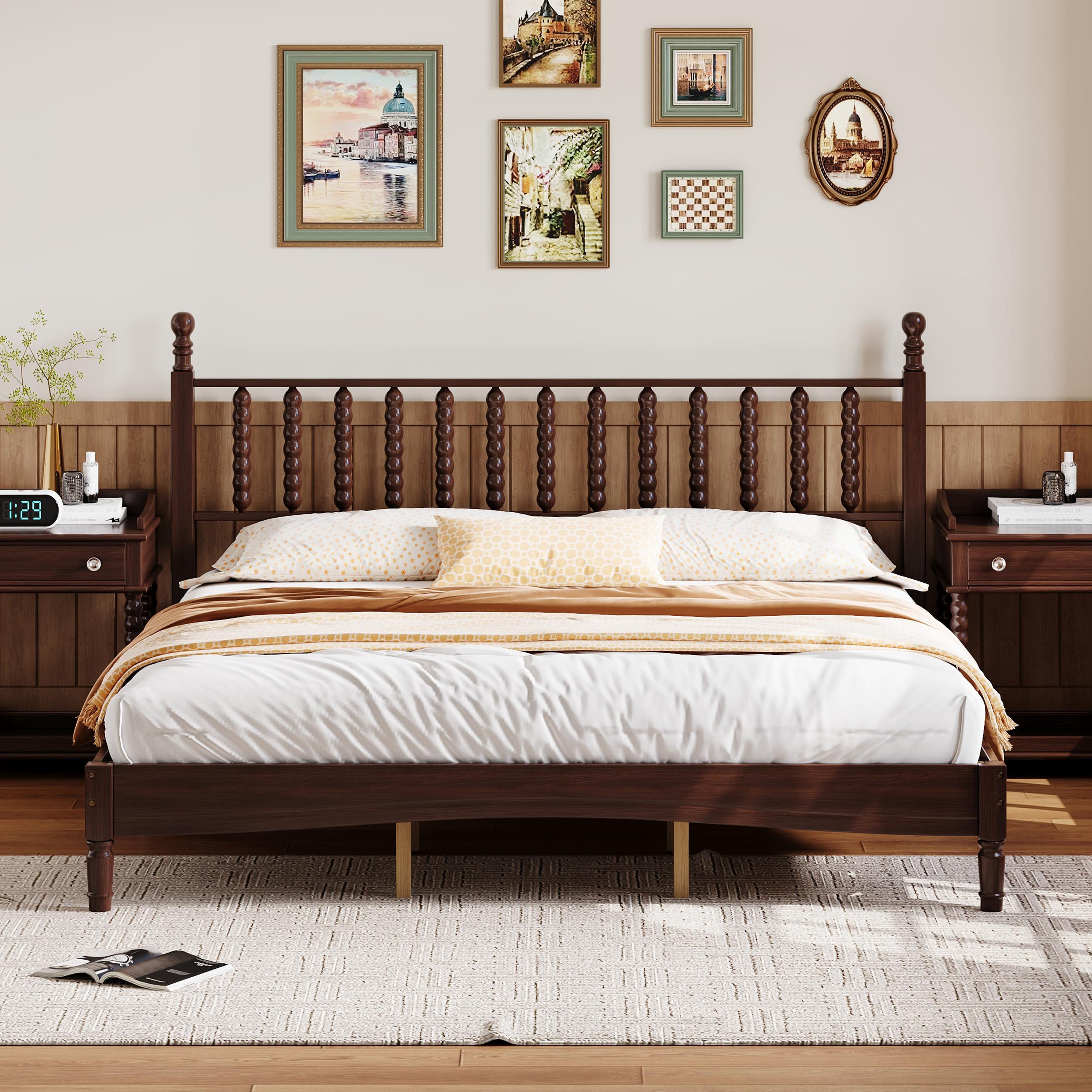Walnut king bed frame with spindle headboard in a decorated bedroom