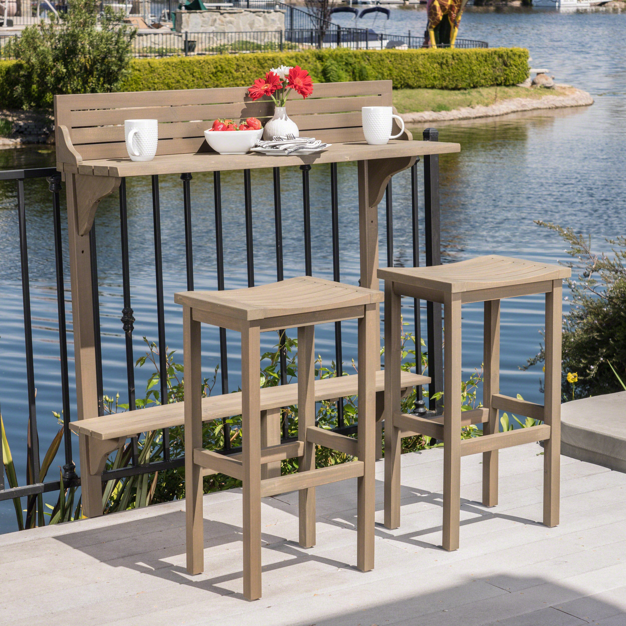 3-Piece Balcony Bar Set, Grey Acacia Wood Table + 2 Bar Stools