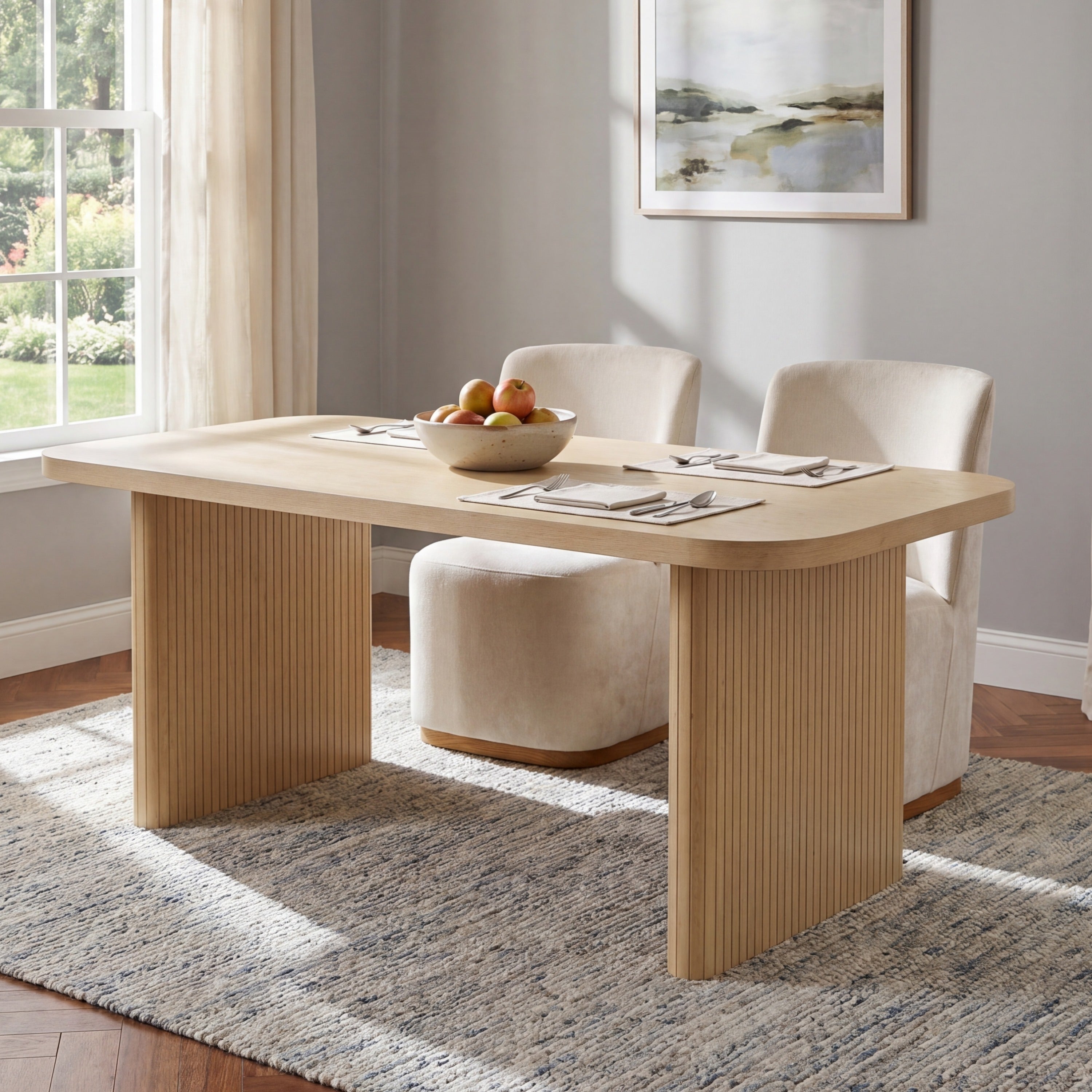 Oak ribbed-leg dining table in a styled room with a bowl of apples, chairs, and framed art