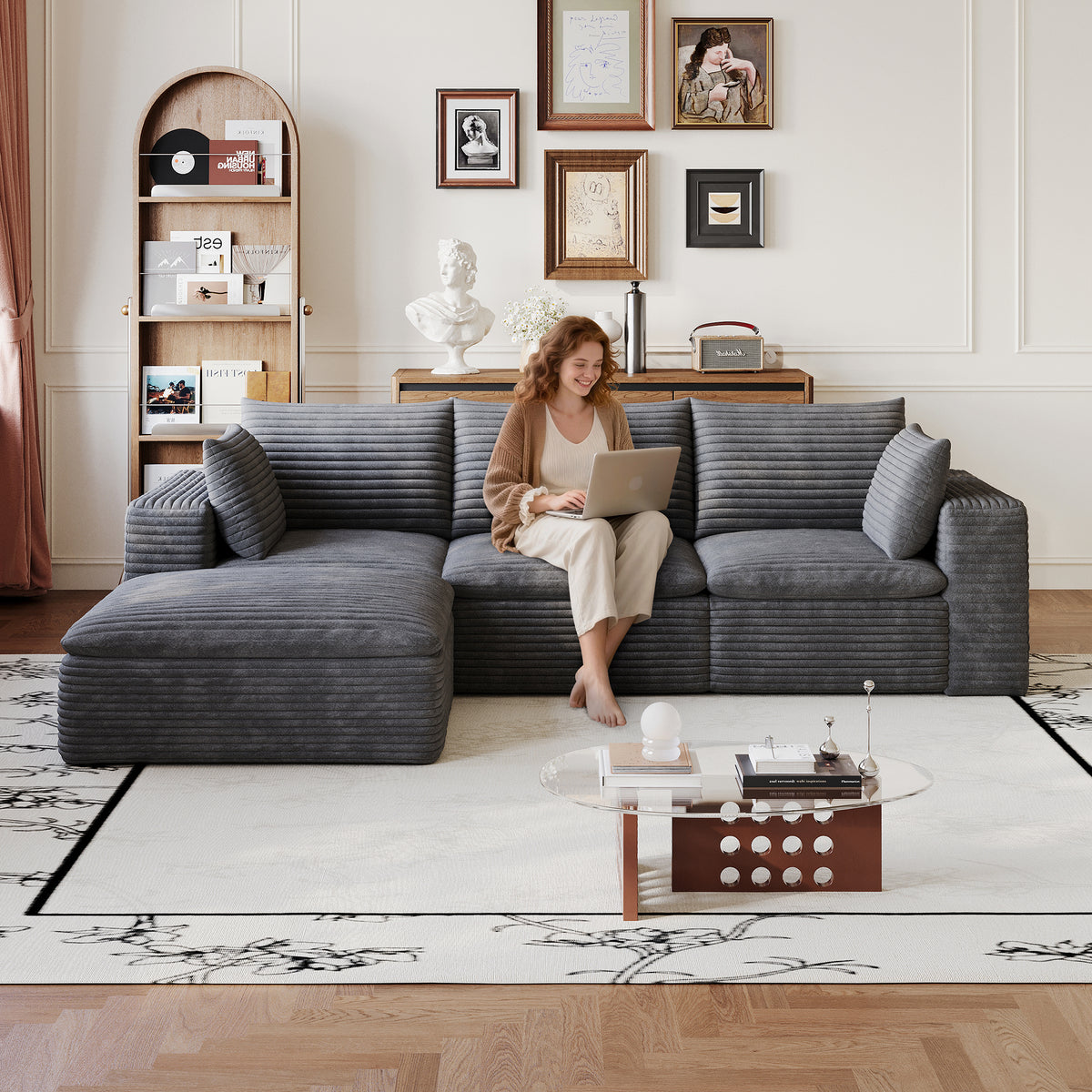 Dark Gray Corduroy Modular 4-Seat Couch, No Assembly, 102.4 in Wide