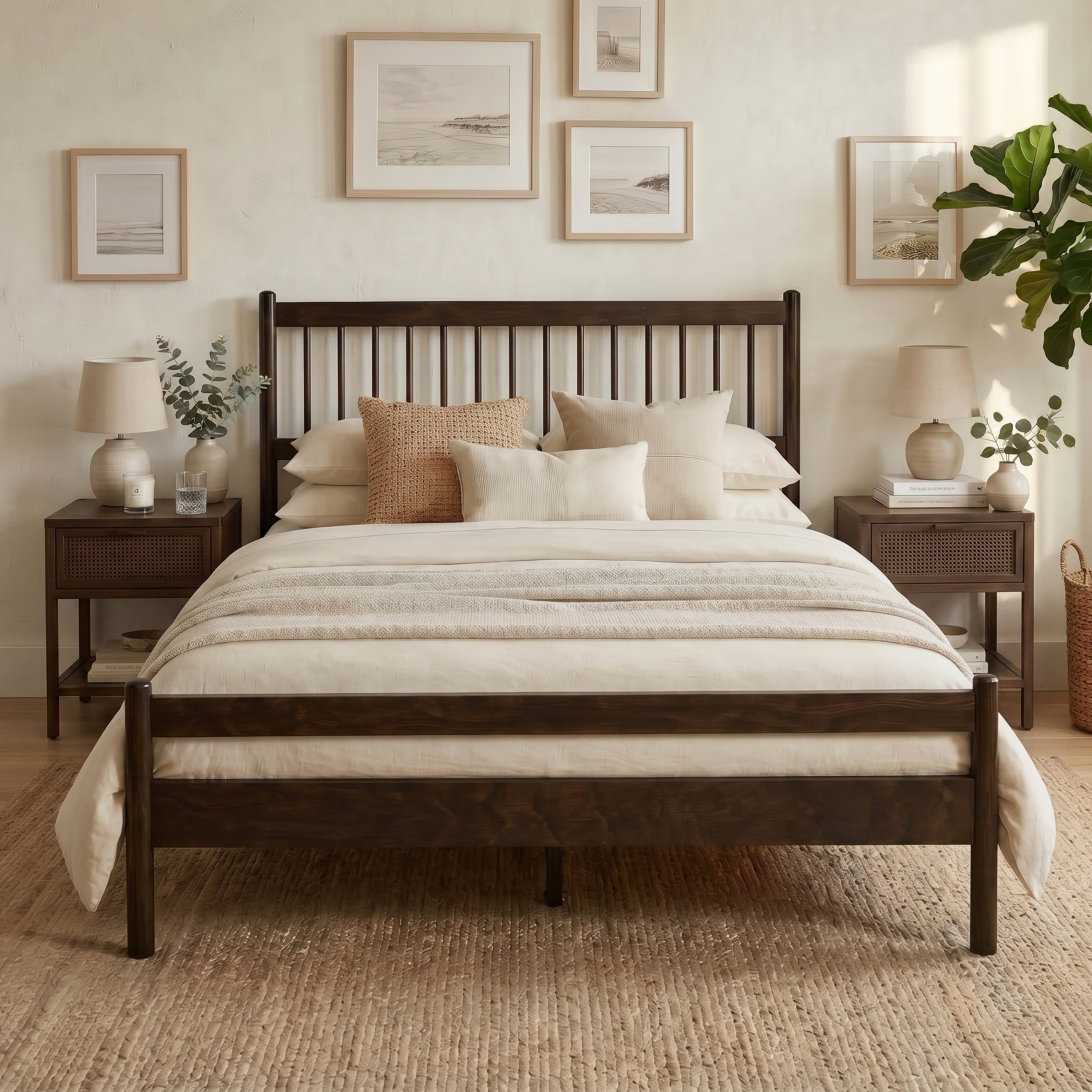 Brown solid wood queen bed frame, Windsor spindle headboard and low footboard, styled with cream bedding and nightstands #Color_Brown