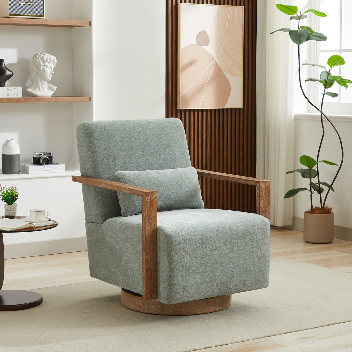 Green Linen Swivel Accent Chair, Nursery, 29.7 in Wide