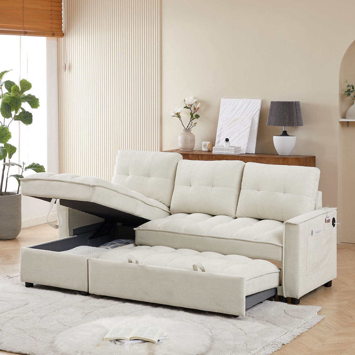 Beige Chenille L-Shaped Sectional Couch with Chaise, 71.3 in Wide