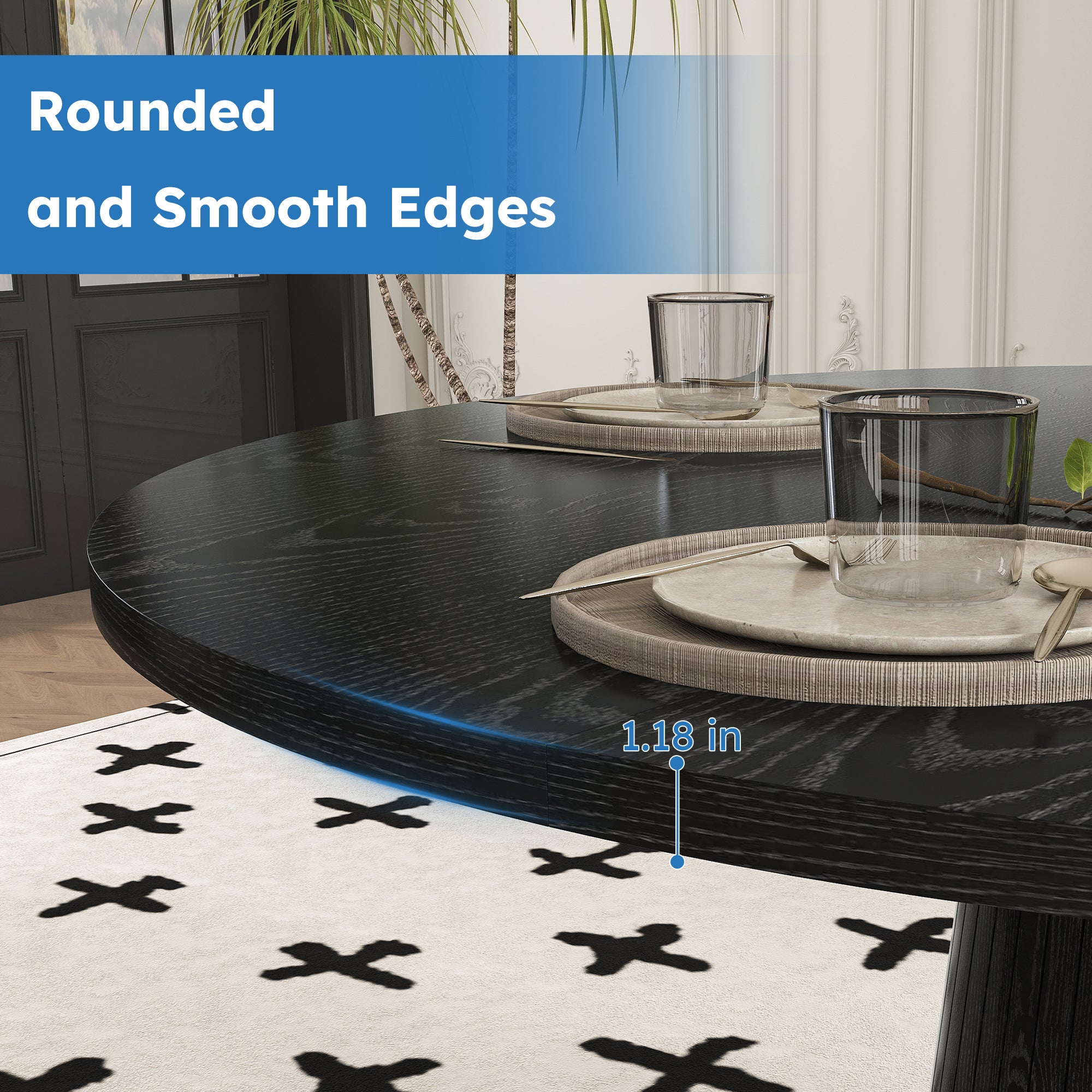 Feature graphic highlighting the rounded and smooth 1.18 inch tabletop edge of the black table