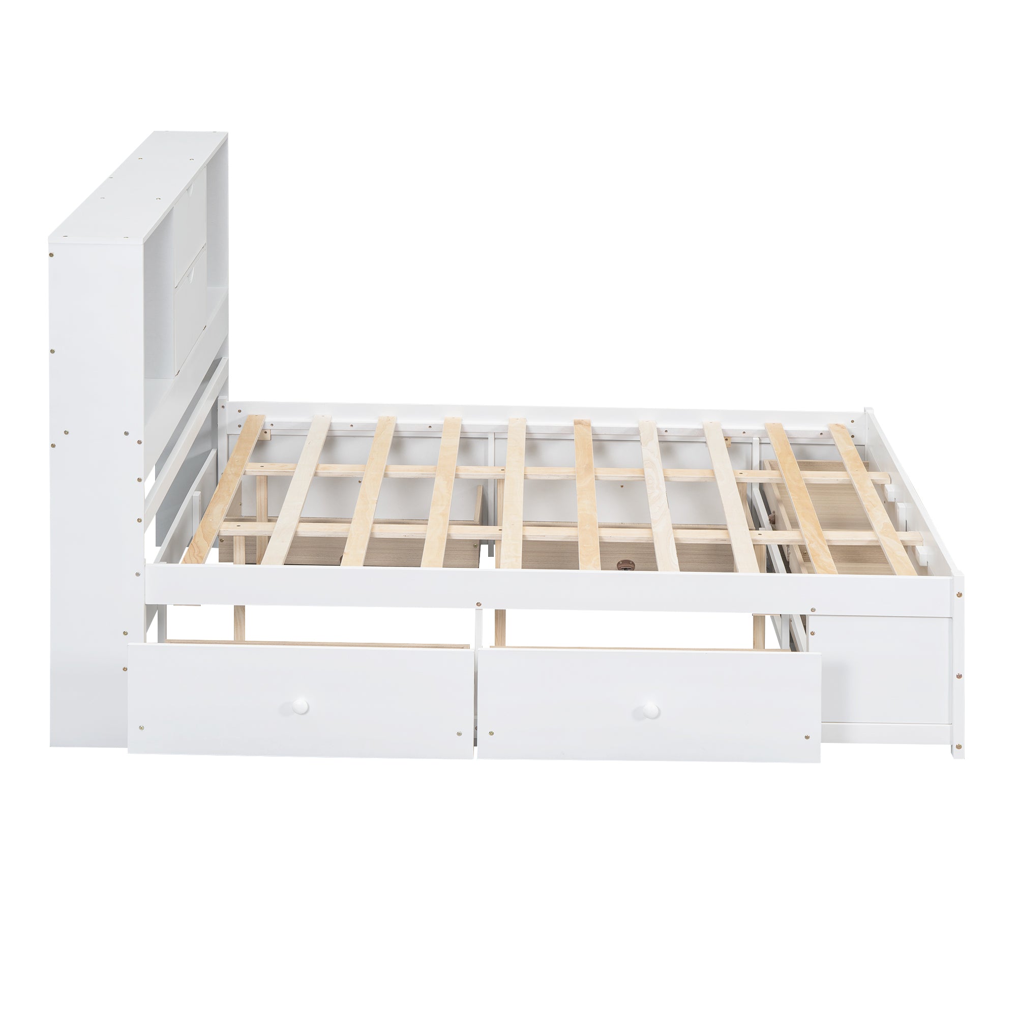 Angled bare view of the white queen storage bed with side and footboard drawers open and slats exposed