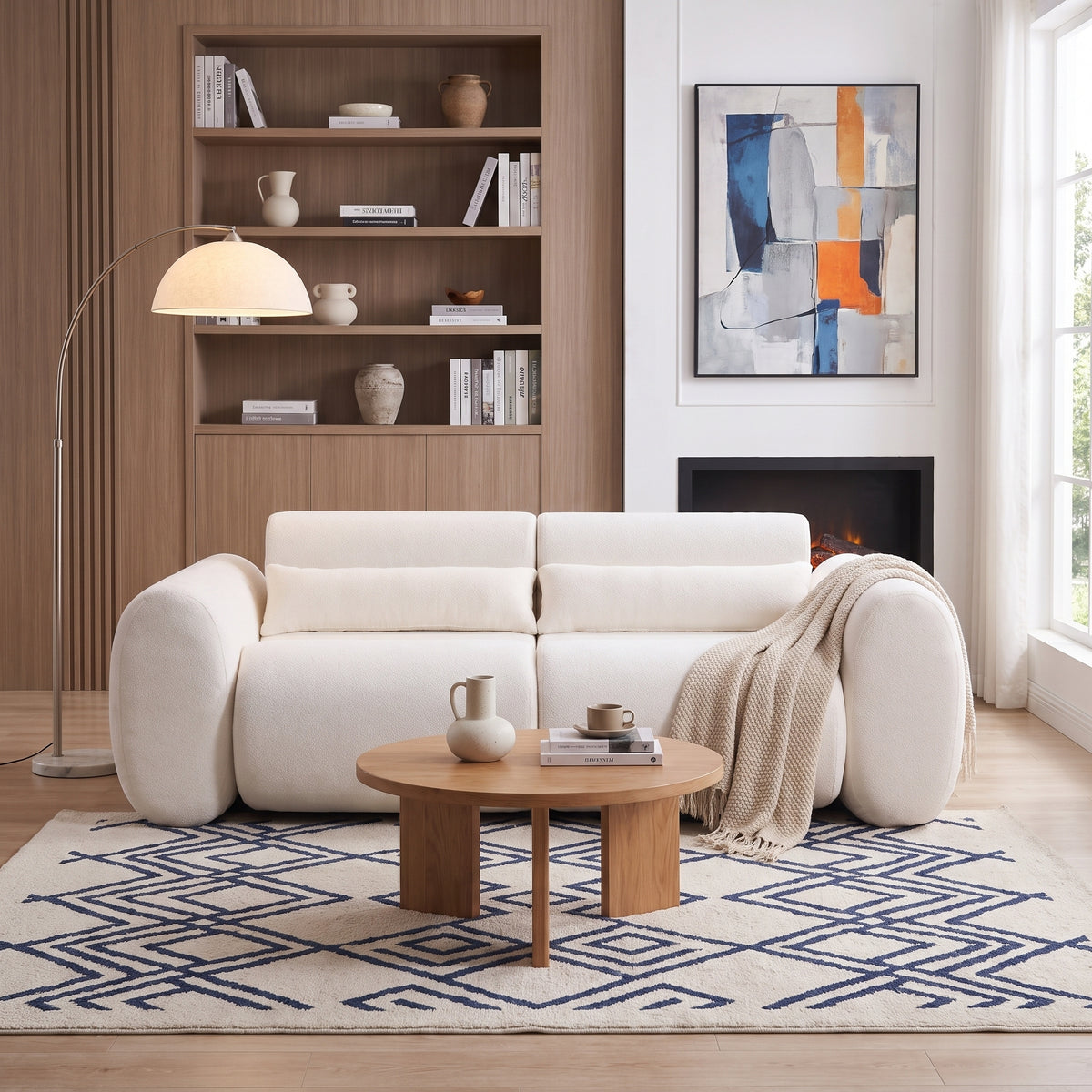 White Chenille 3-Seat Curved Sofa, 78.9 in Wide