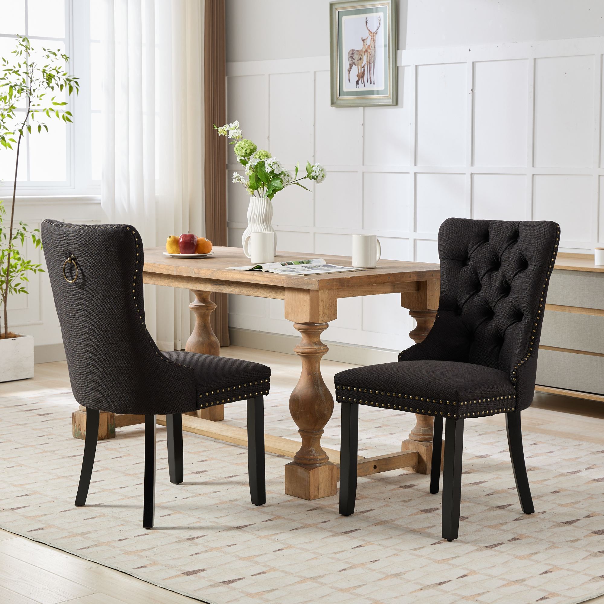 Tufted Linen Dining Chairs Set of 2, Nailhead Trim, Black
