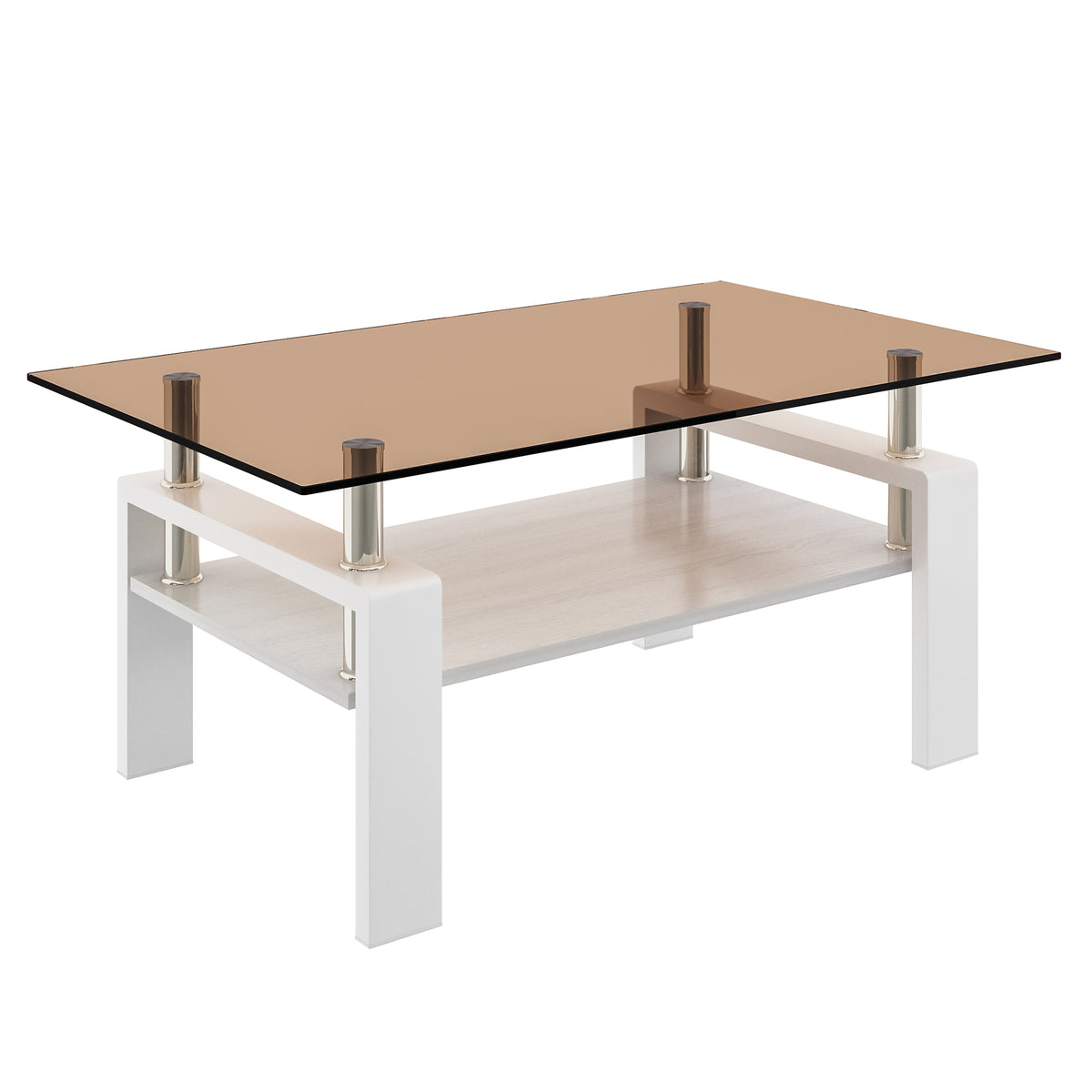 Brown Glass Top Rectangular Coffee Table, 39.2 in, White Accents