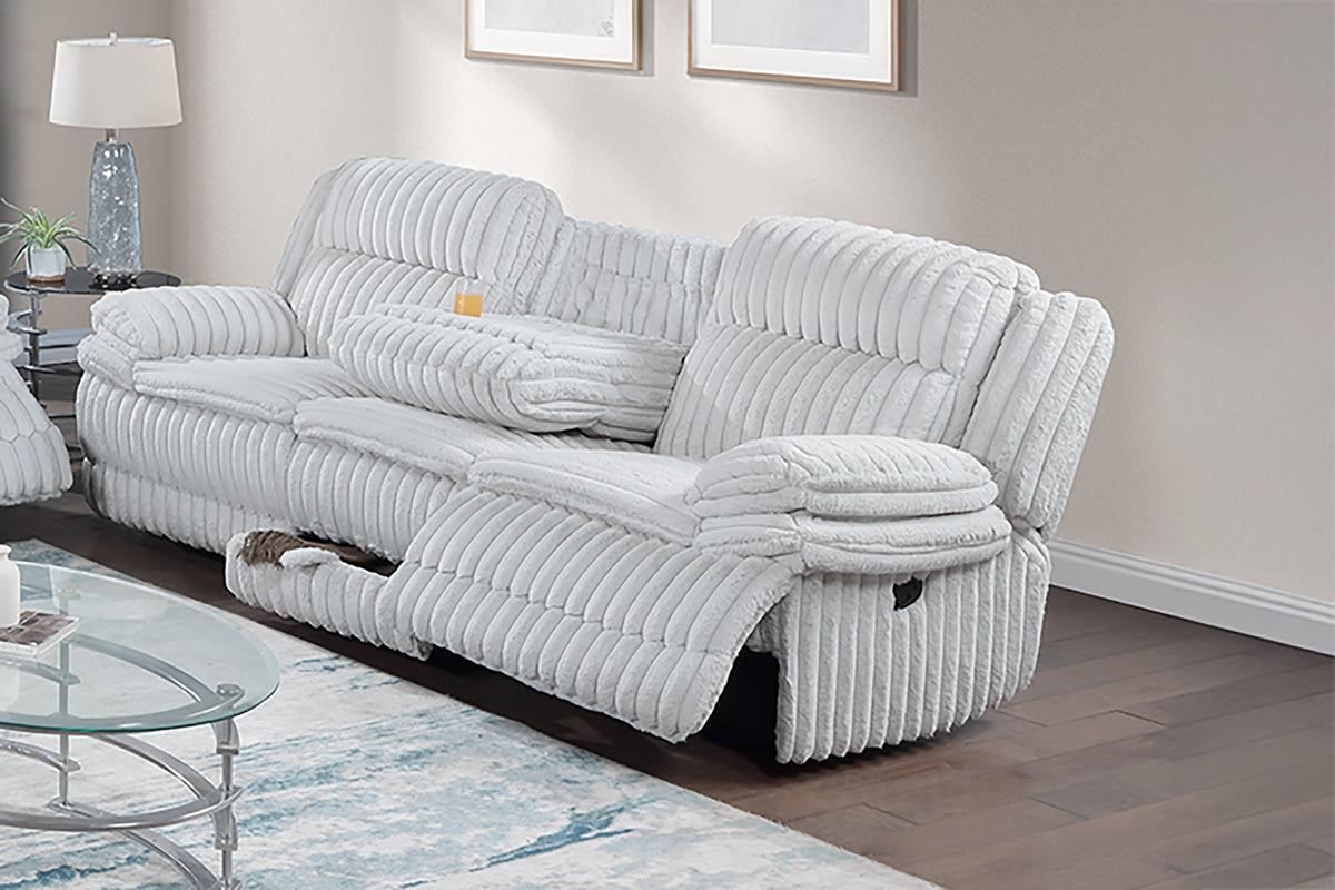 Light Gray Corduroy Reclining Sofa, USB Charging, 93 in Wide
