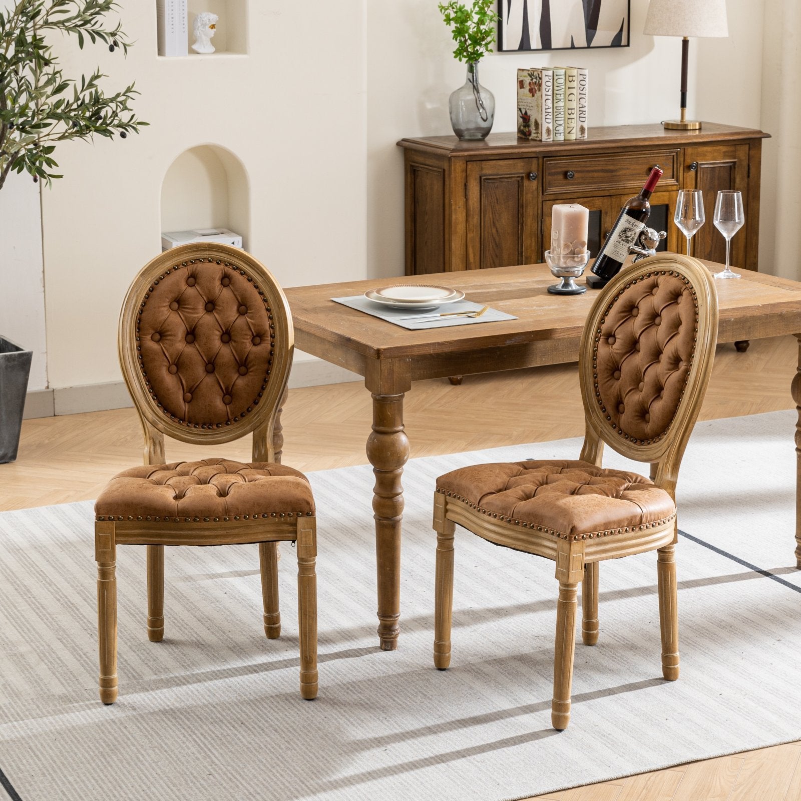French Oval-Back Vegan Leather Dining Chairs Set of 2, Camel