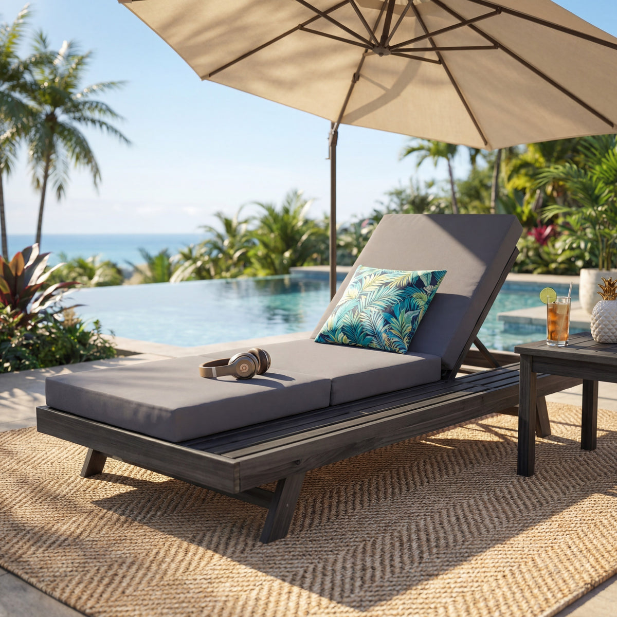 Black Solid Wood Outdoor Chaise Lounge with Cushions